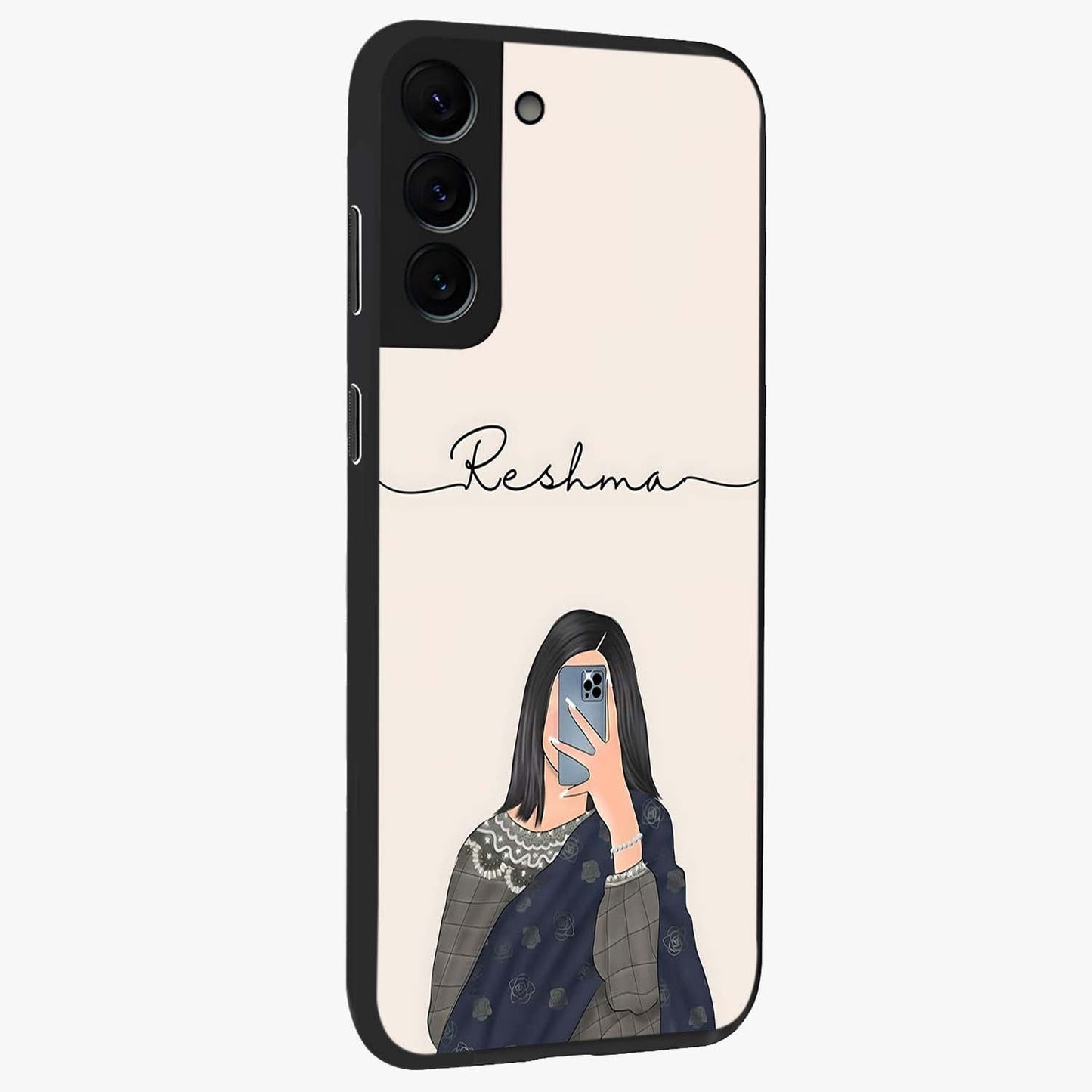 Mirror Mood Muse With Custom Name Glass Case upright view showcasing artistic mirror themed artwork with personalized aesthetic.