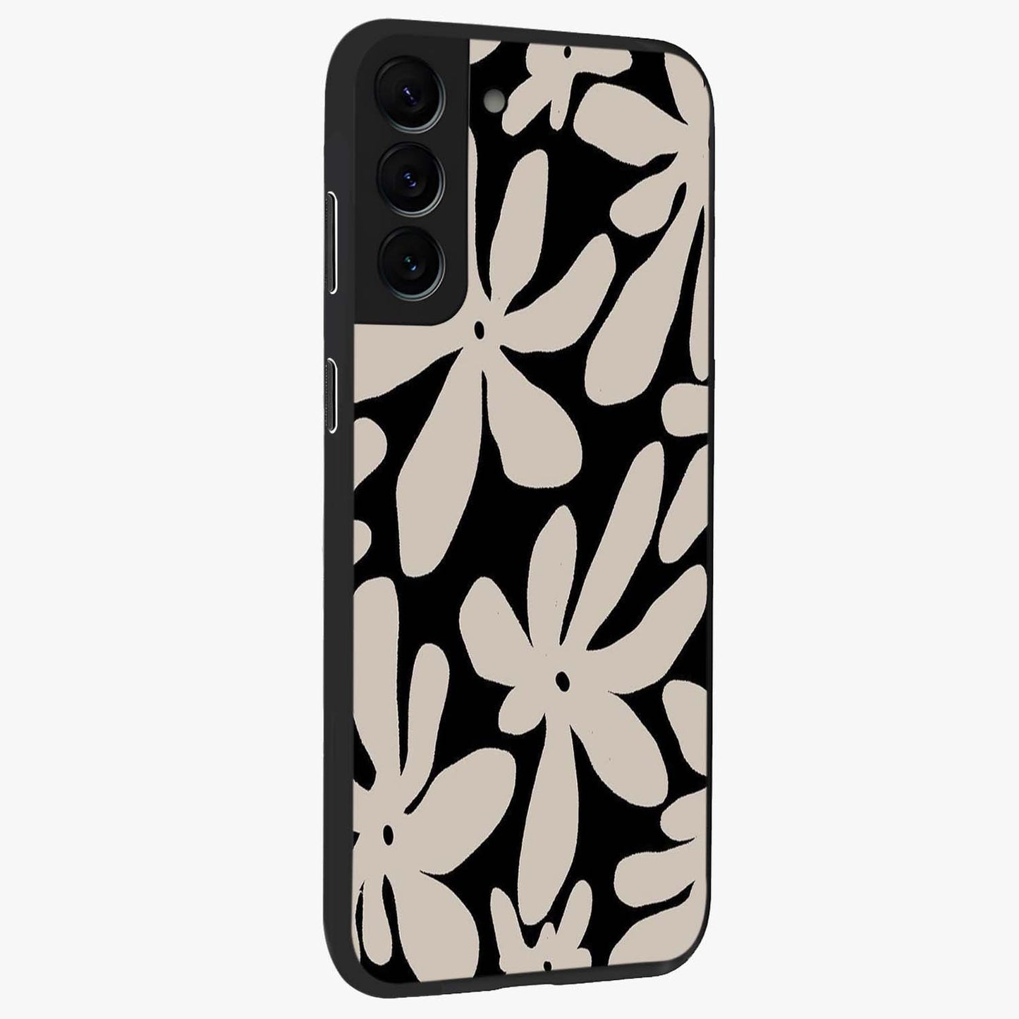 Monochrome Petal Dance Glass Case upright view showcasing artistic floral pattern with stylish monochrome theme.
