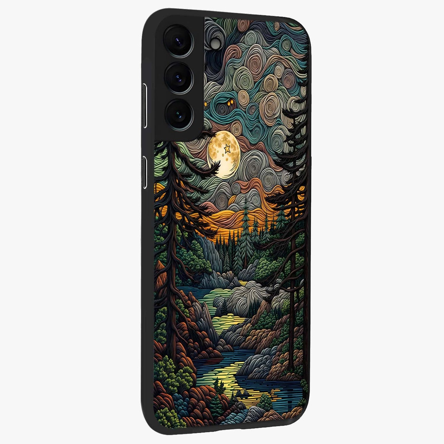 Moonlight Forest Dream Glass Case upright view showcasing magical forest artwork with calm night theme.