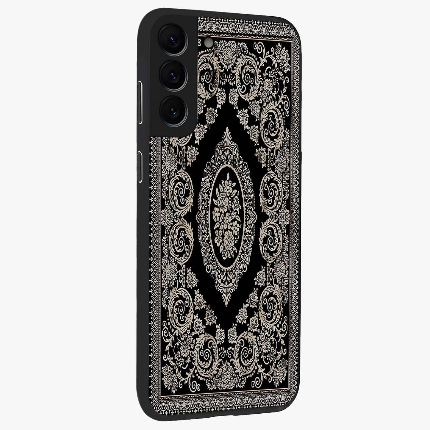 Noir Bloom Elegance Glass Case upright view showcasing graceful floral artwork with luxurious dark theme.