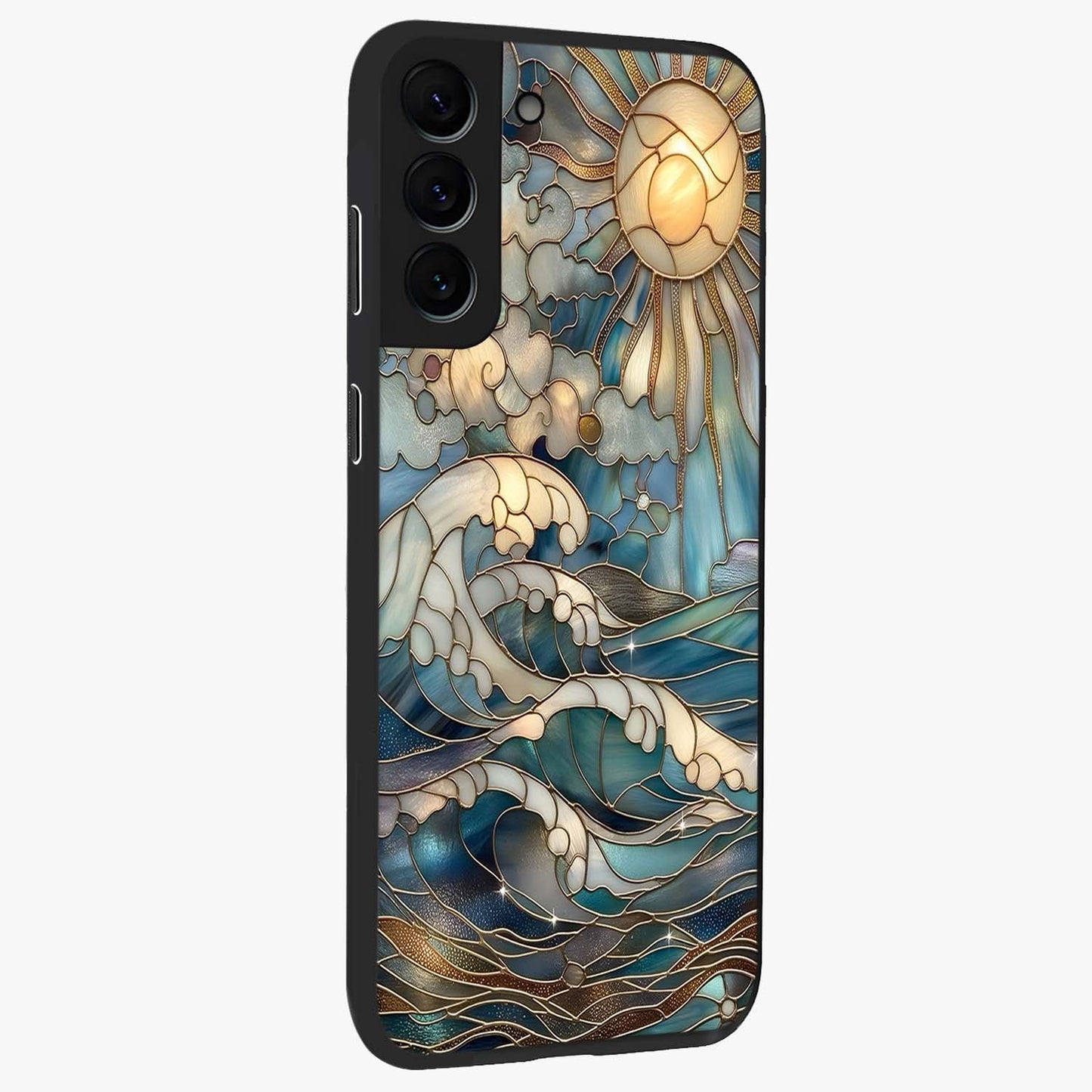 Oceanic Stained Printed Glass Case upright view showcasing decorative ocean pattern artwork with vibrant marine theme.