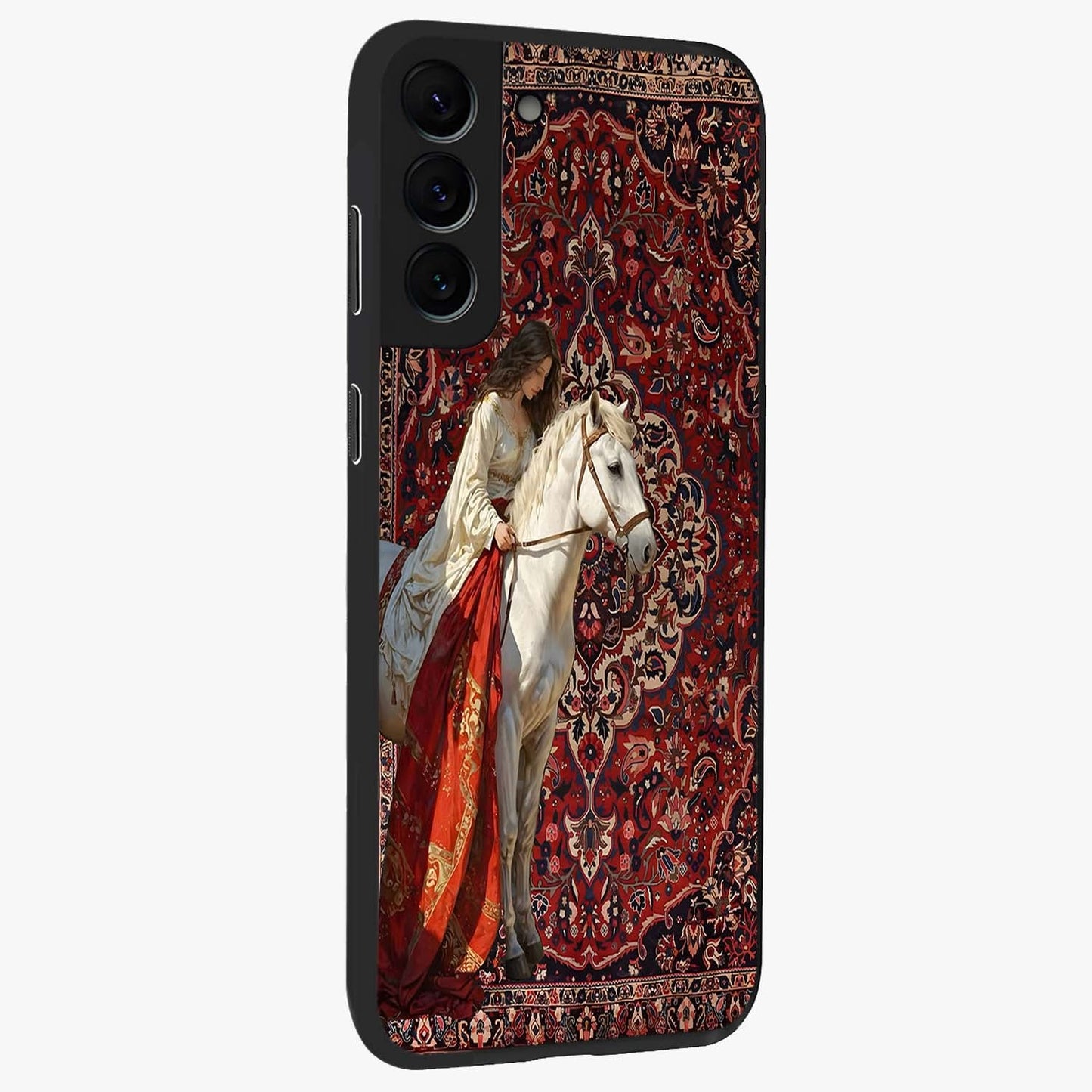 Royal Rider Tapestry Glass Case upright view showcasing detailed rider artwork with classic tapestry theme.