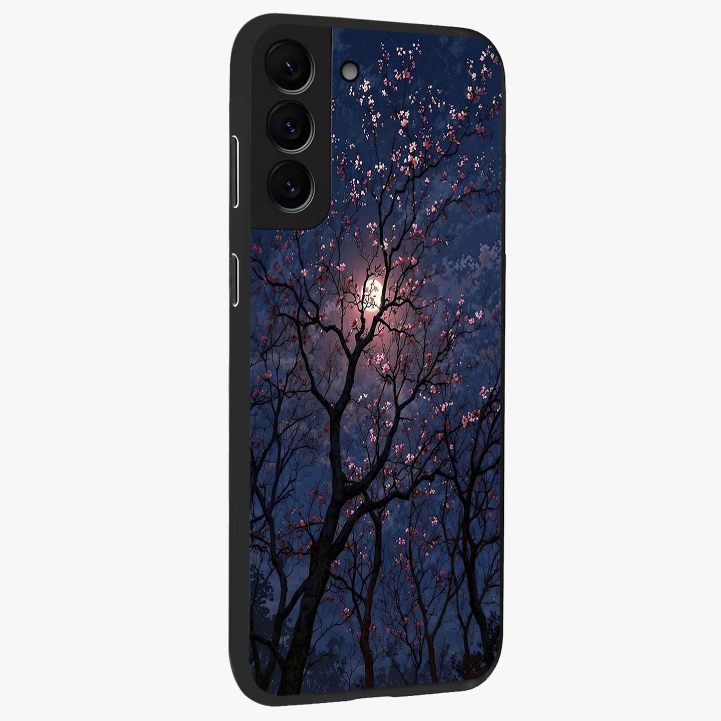 Twilight Sakura Serenade Glass Case upright view showcasing beautiful cherry blossom artwork with serene evening theme.