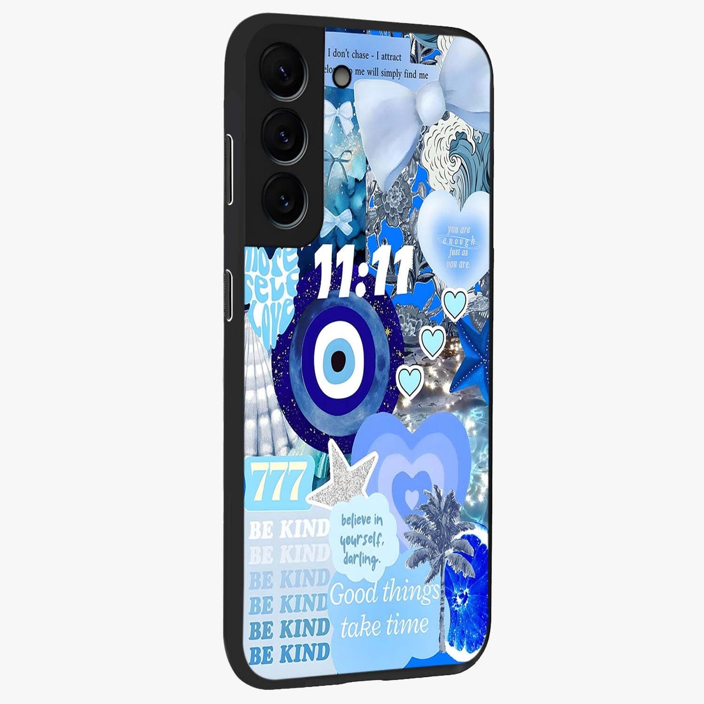 Aesthetic Be Kind Eye Glass Case upright view showcasing stylish eye illustration with positive message theme.