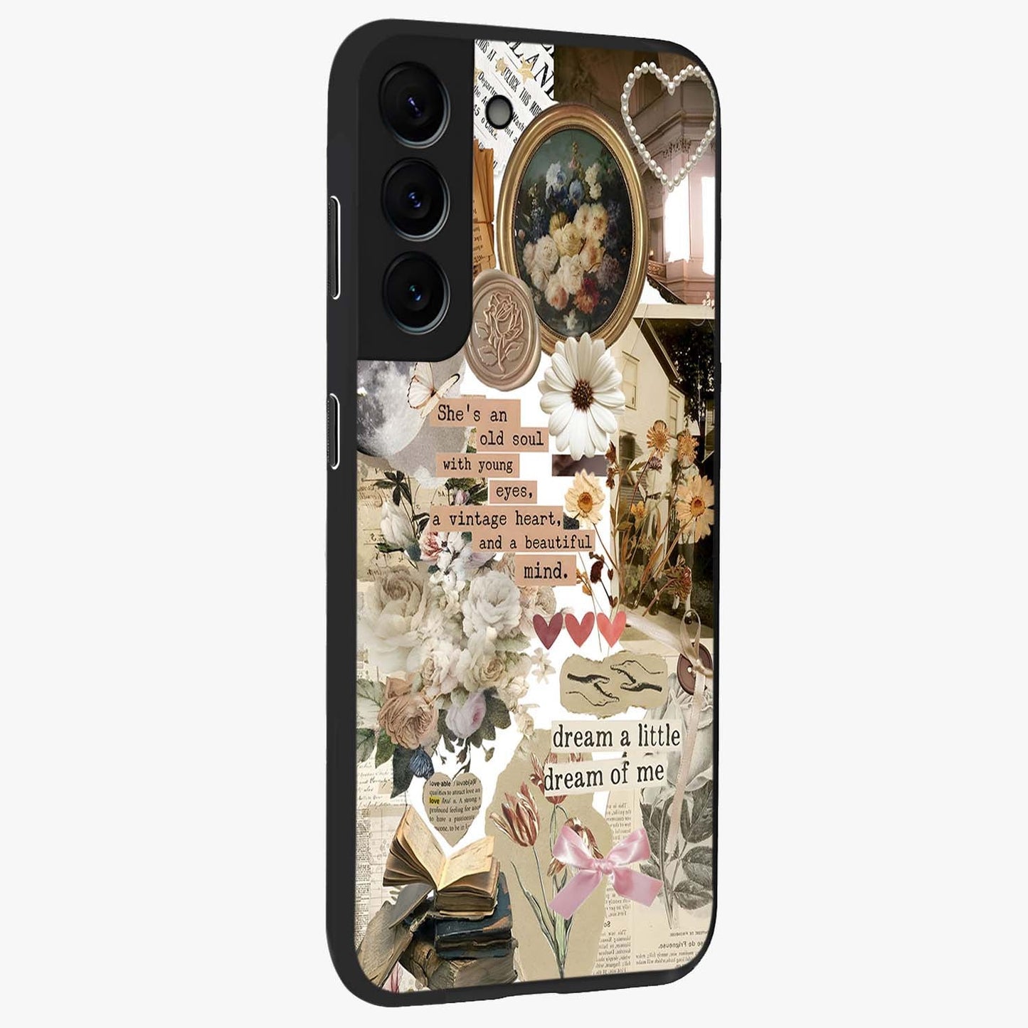 Aesthetic Brown Vintage Collage Glass Case upright view showcasing nostalgic retro artwork with stylish vintage theme.