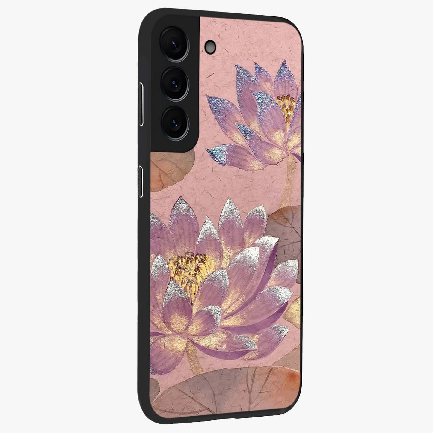 Blossom Mist Lotus Glass Case upright view showcasing graceful lotus flower design with peaceful botanical style.