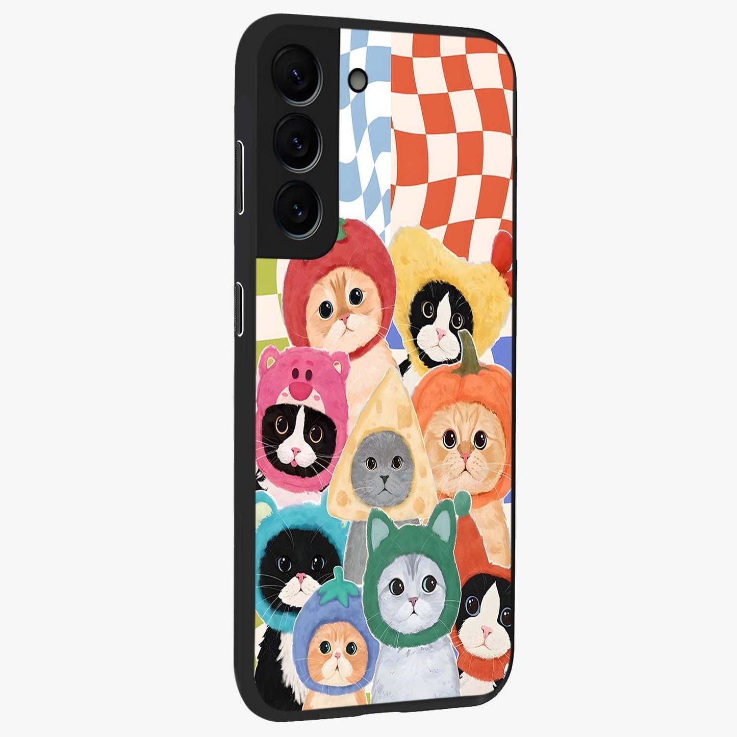 Cats in Fruits Glass Case upright view showcasing charming cat artwork with fun fruity theme.
