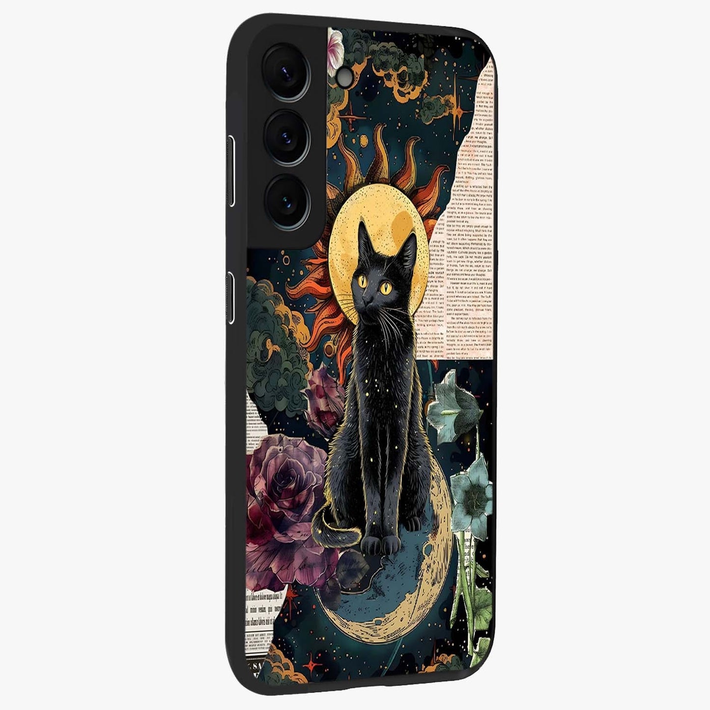 Celestial Black Cat Glass Case upright view showcasing magical black cat illustration with starry cosmic theme.