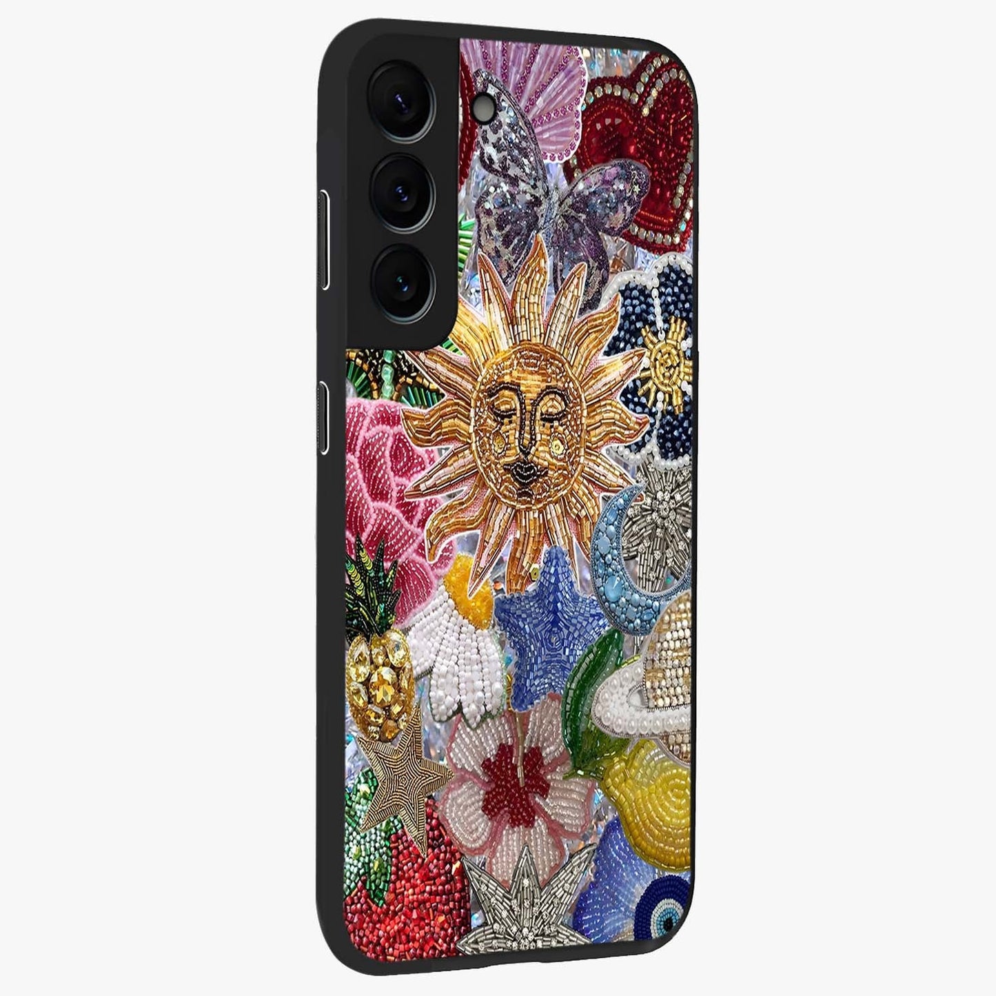 Celestial Floral and Playful Glass Case upright view showcasing whimsical floral artwork with cosmic aesthetic theme.