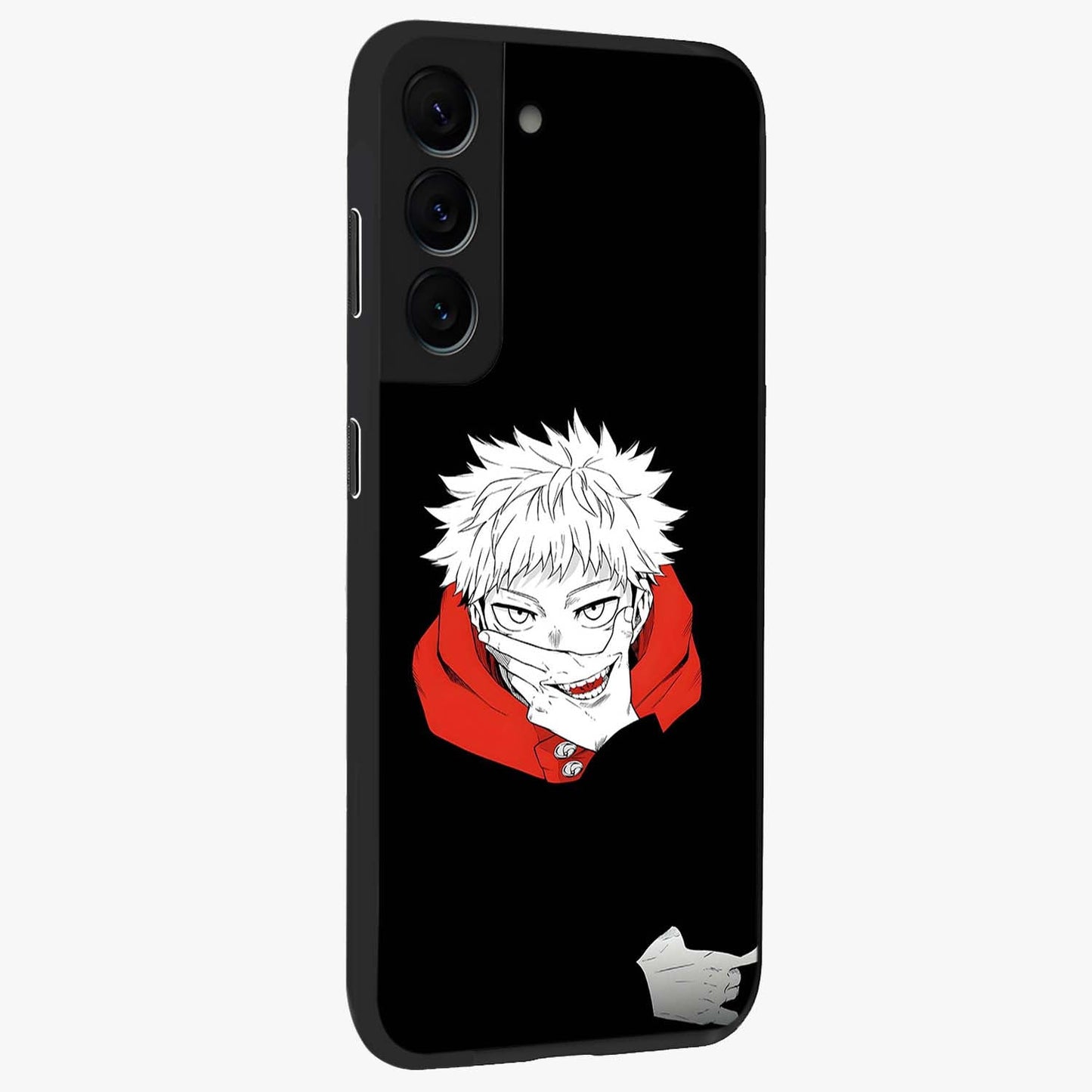 Crimson Chaos Smile Glass Case upright view showcasing expressive chaotic artwork with striking visual theme.