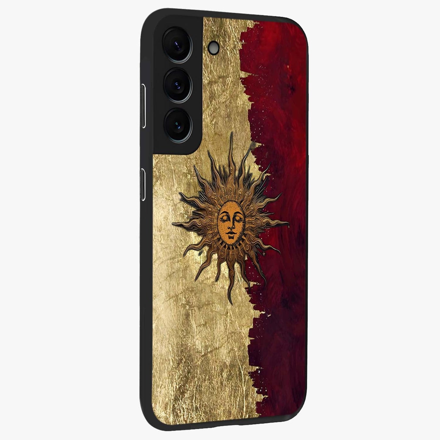 Crimson Sun Majesty Glass Case upright view showcasing vibrant sun artwork with powerful celestial theme.