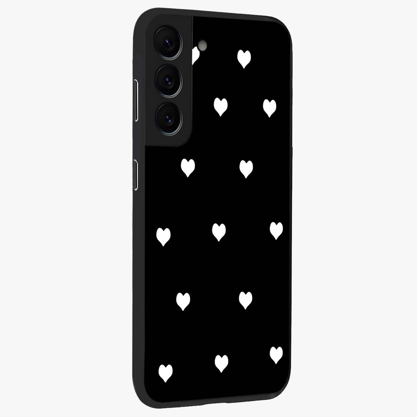 Cute And Simple White Hearts Glass Case upright view showcasing simple white hearts artwork with soft minimal theme.