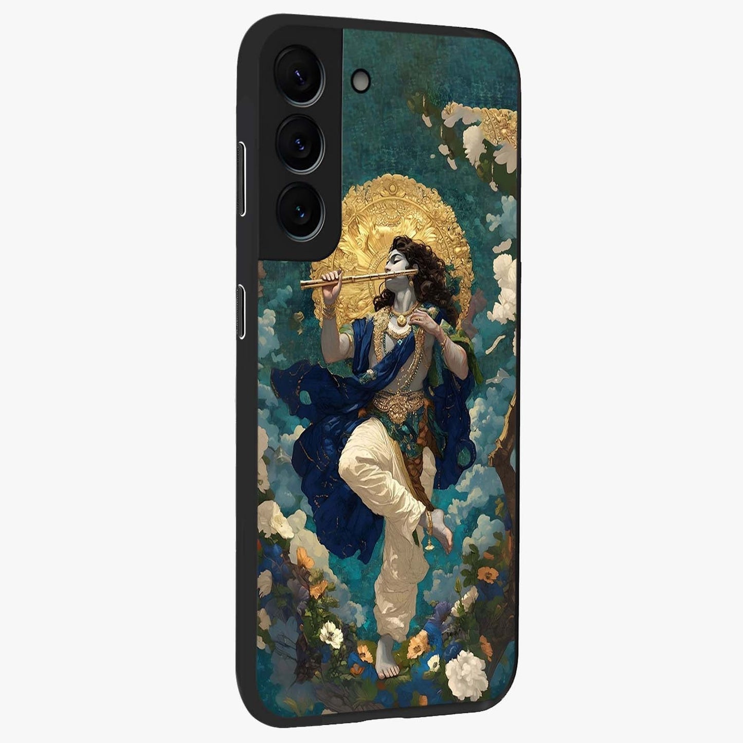 Divine Krishna Art Glass Case upright view showcasing divine Krishna artwork with sacred artistic theme.