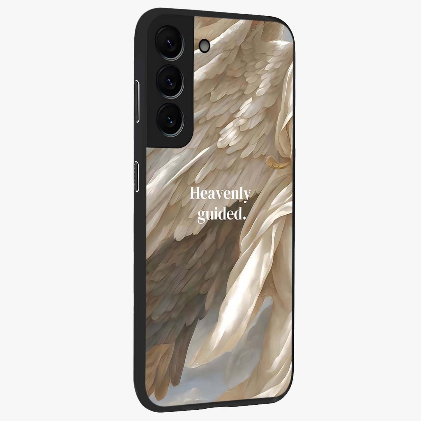 Divine Winged Grace Glass Case upright view showcasing spiritual wing artwork with soft celestial theme.