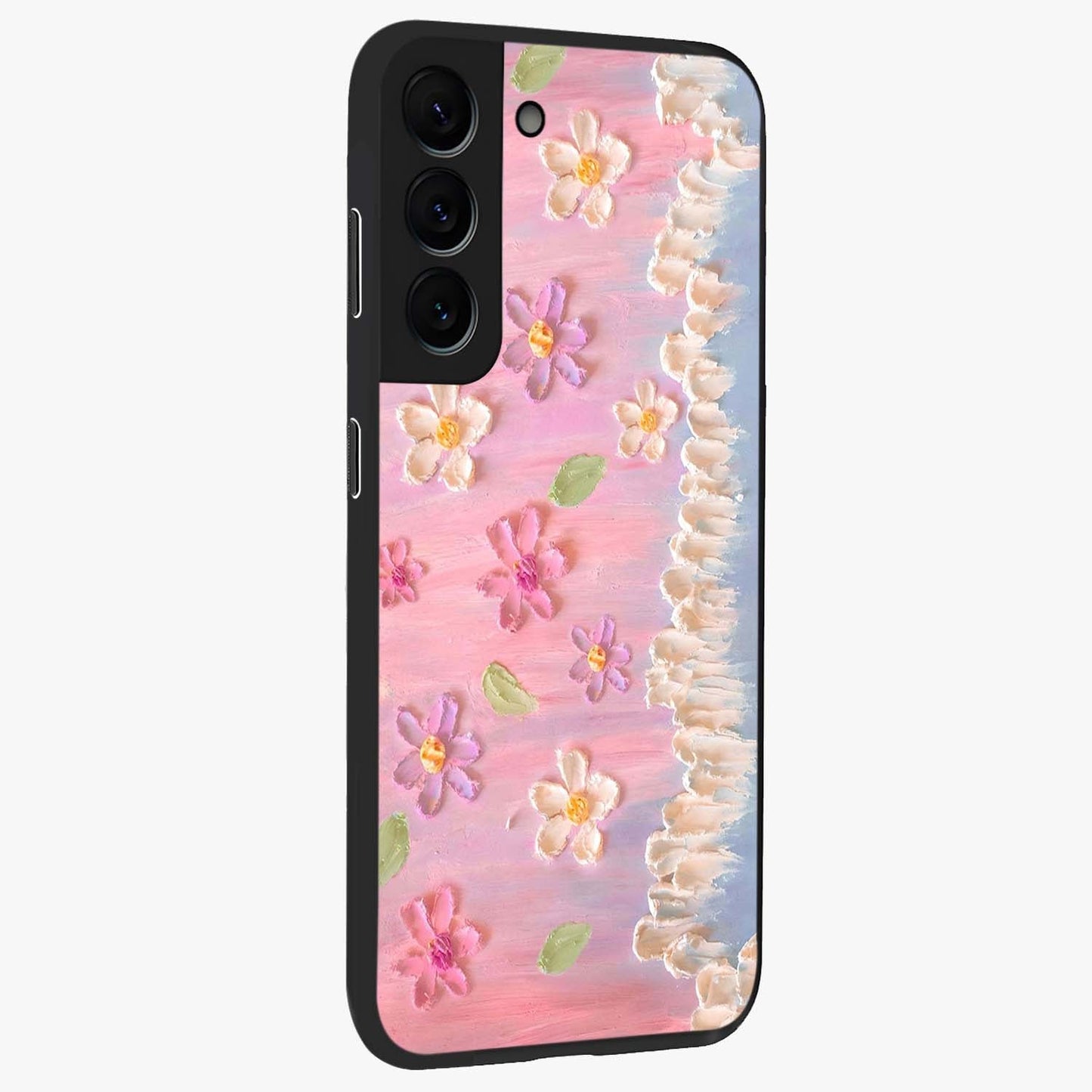 Dreamy Painted Garden Glass Case upright view showcasing vibrant floral garden artwork with artistic nature theme.