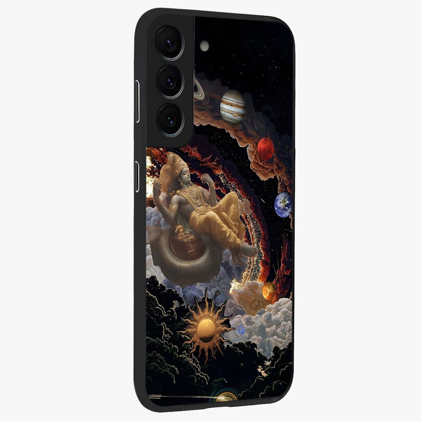 Galactic Divine God Glass Case upright view showcasing mystical divine artwork with dramatic cosmic theme.