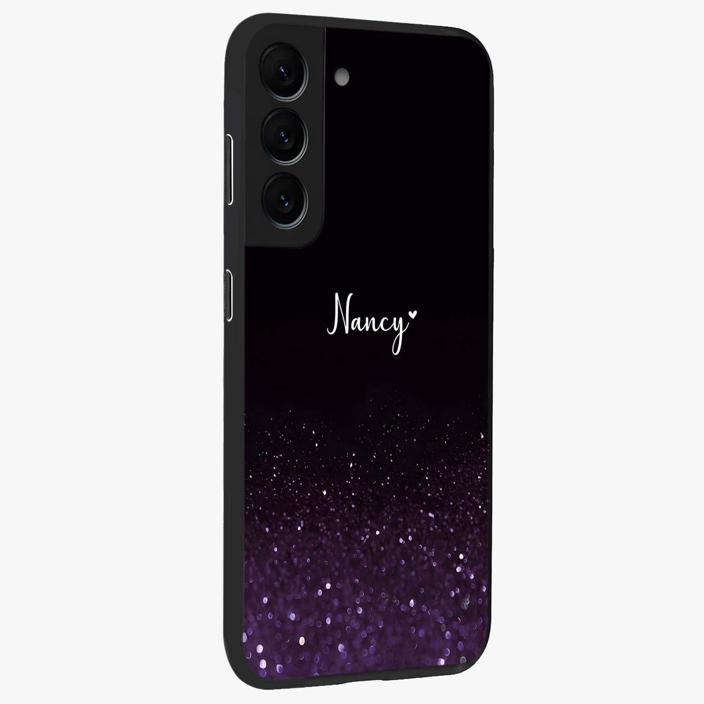 Glittery Purple Bokeh Custom Name Glass Case upright view showcasing vibrant purple sparkle artwork with personalized aesthetic style.