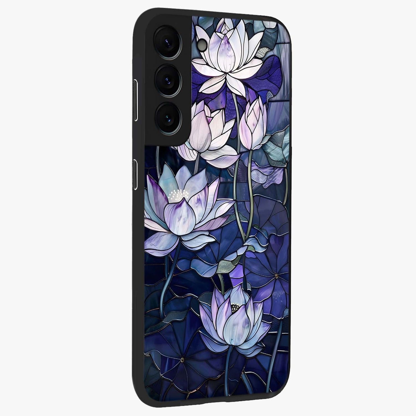 Gloss Petal Rush Glass Case upright view showcasing dynamic floral petal artwork with modern botanical theme.