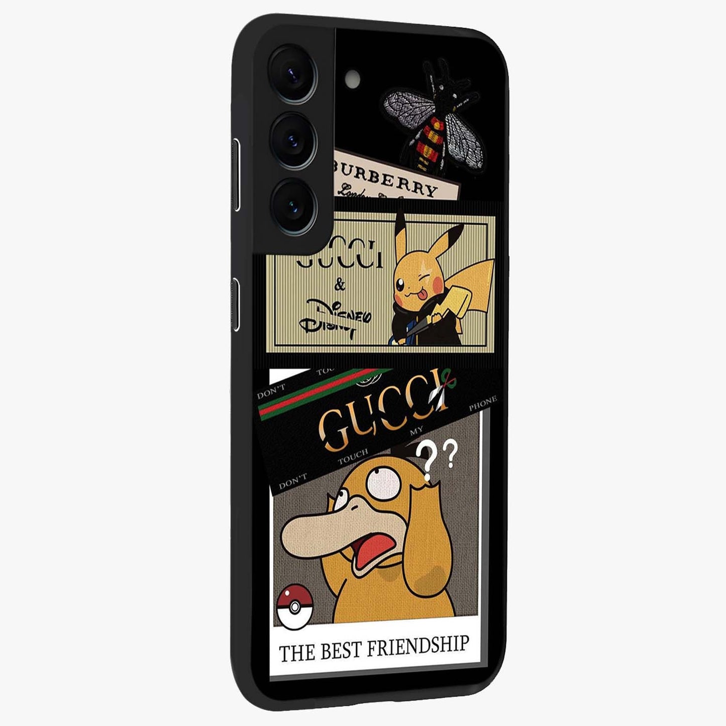 Gucci Play Mashup Glass Case upright view showcasing trendy luxury inspired artwork with modern fashion theme.