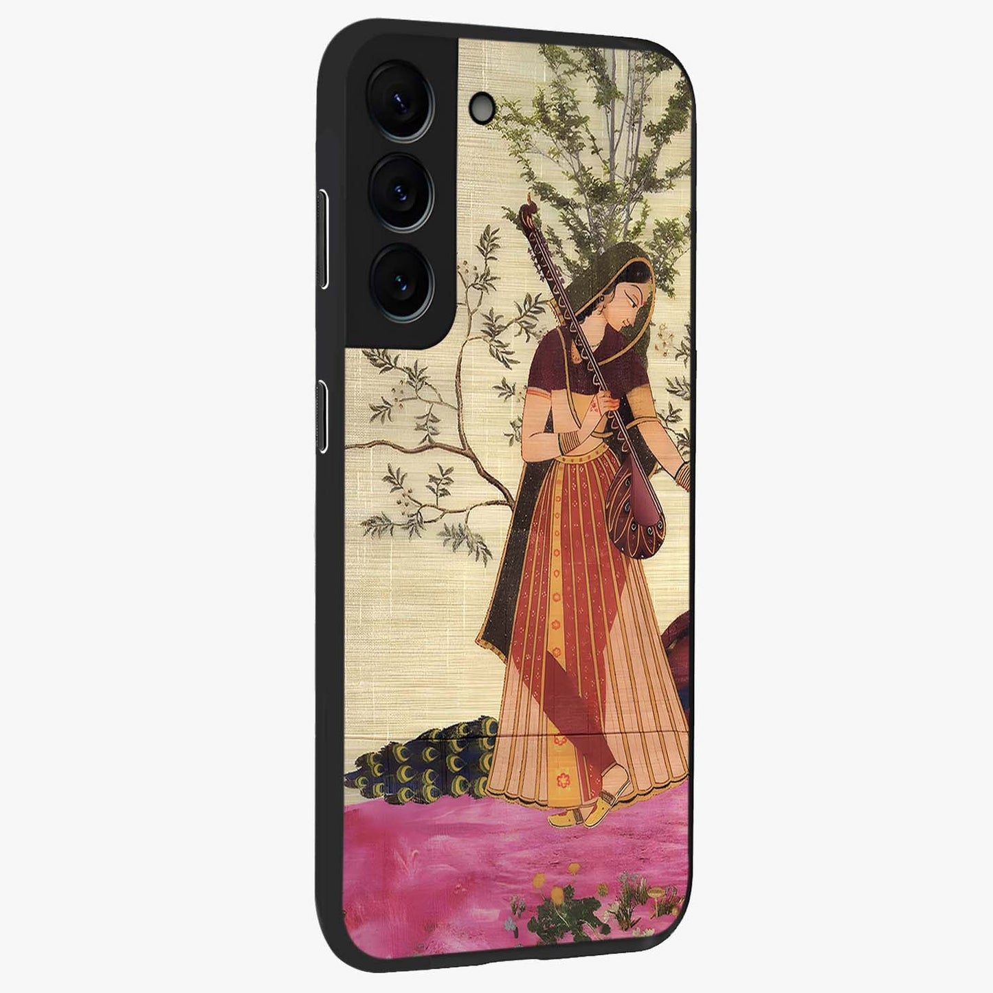 Lady With Veena Art Glass Case upright view showcasing classical veena artwork with traditional artistic theme.