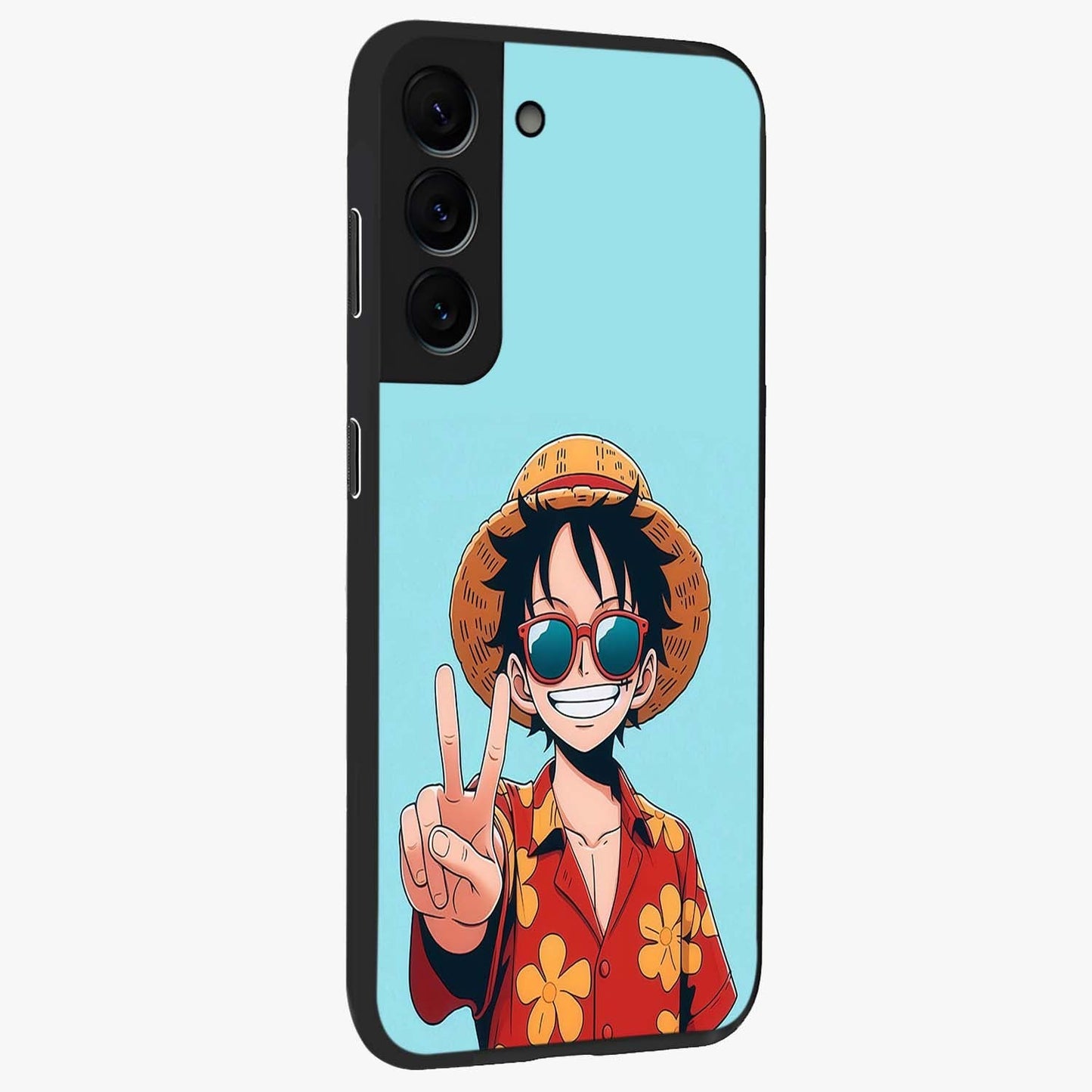 Luffy Summer Anime Vibe Glass Case upright view showcasing dynamic anime artwork with bright adventurous theme.