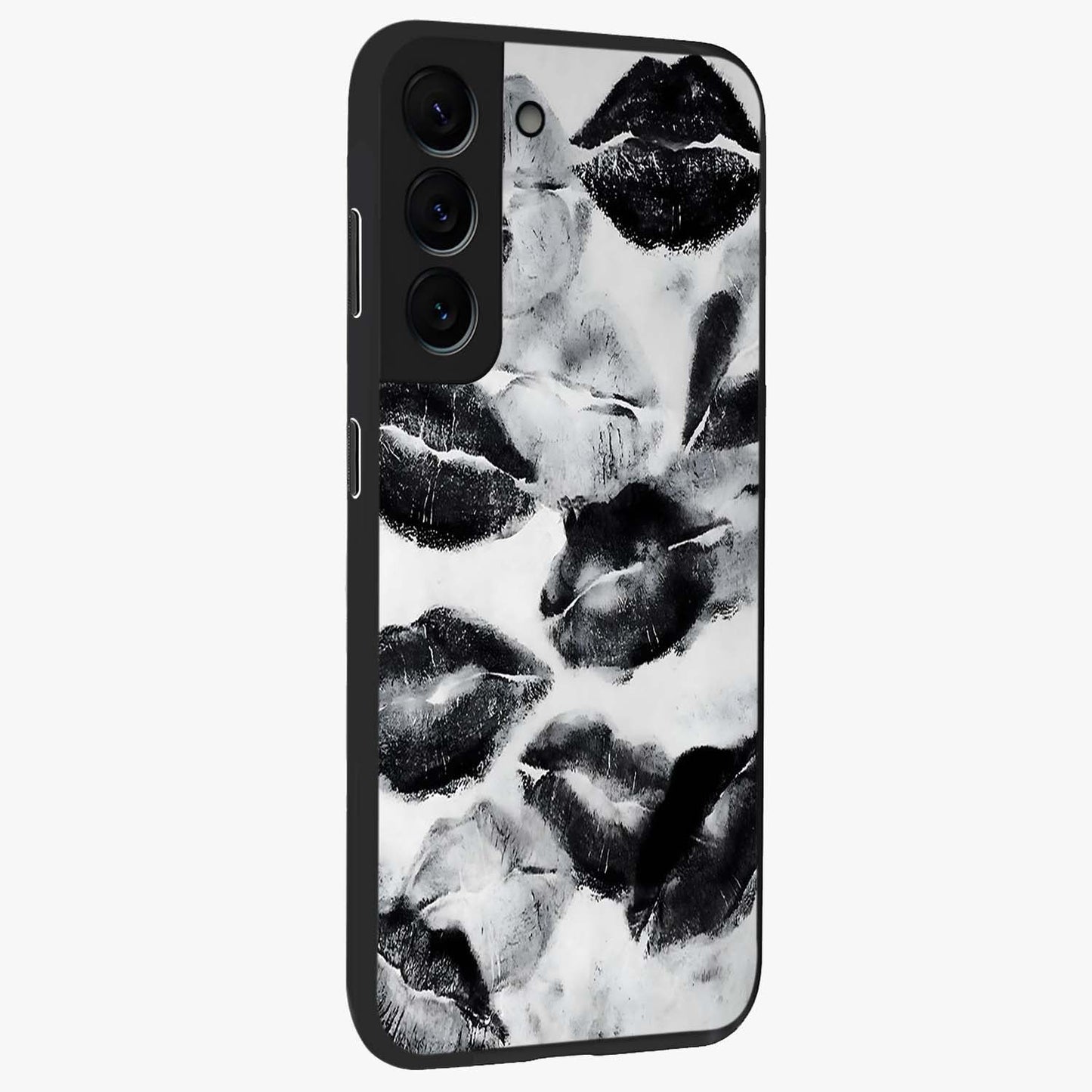 Midnight Kiss Marks Glass Case upright view showcasing stylish kiss mark artwork with trendy romantic theme.