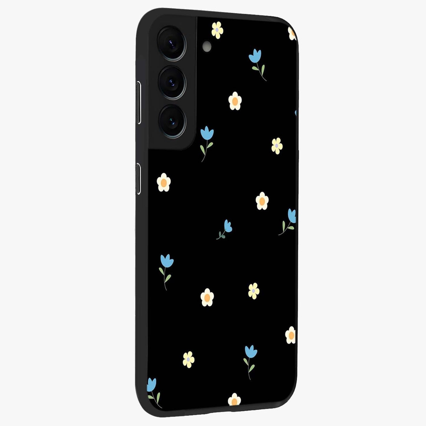 Minimal Petal Whispers Glass Case upright view showcasing elegant floral artwork with modern minimalist style.