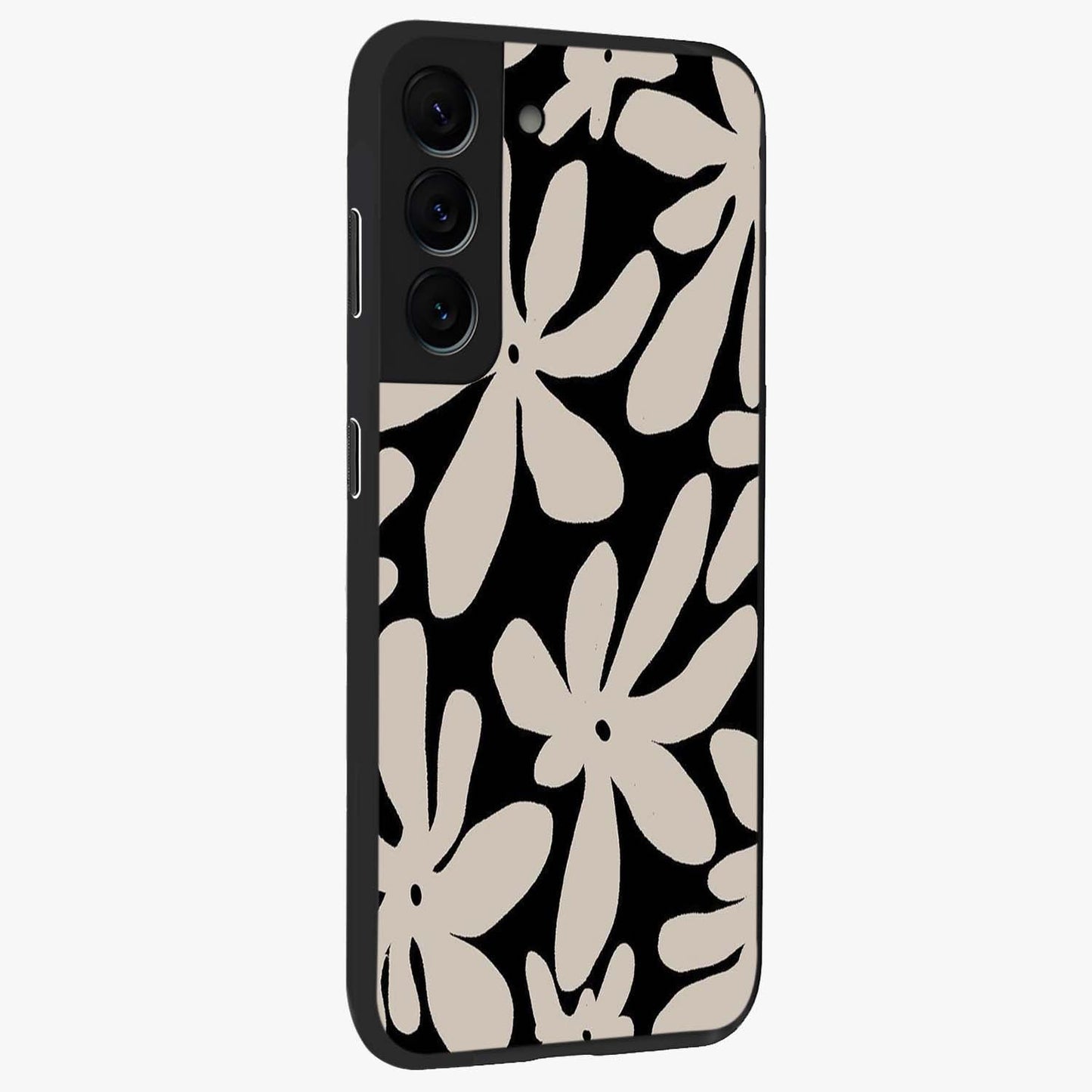 Monochrome Petal Dance Glass Case upright view showcasing artistic floral pattern with stylish monochrome theme.