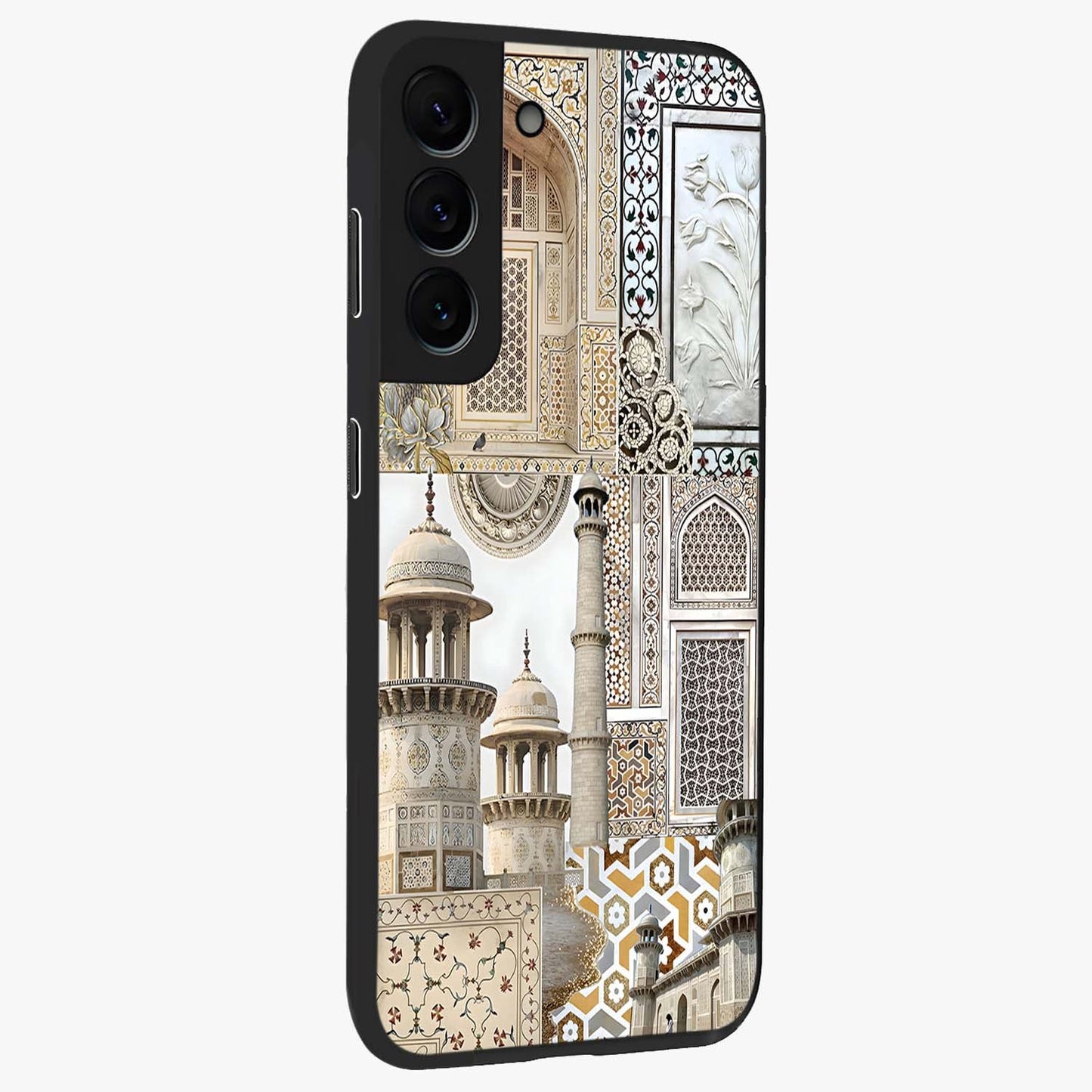 Mughal Marble Legacy Glass Case upright view showcasing ornate Mughal design with luxurious traditional theme.