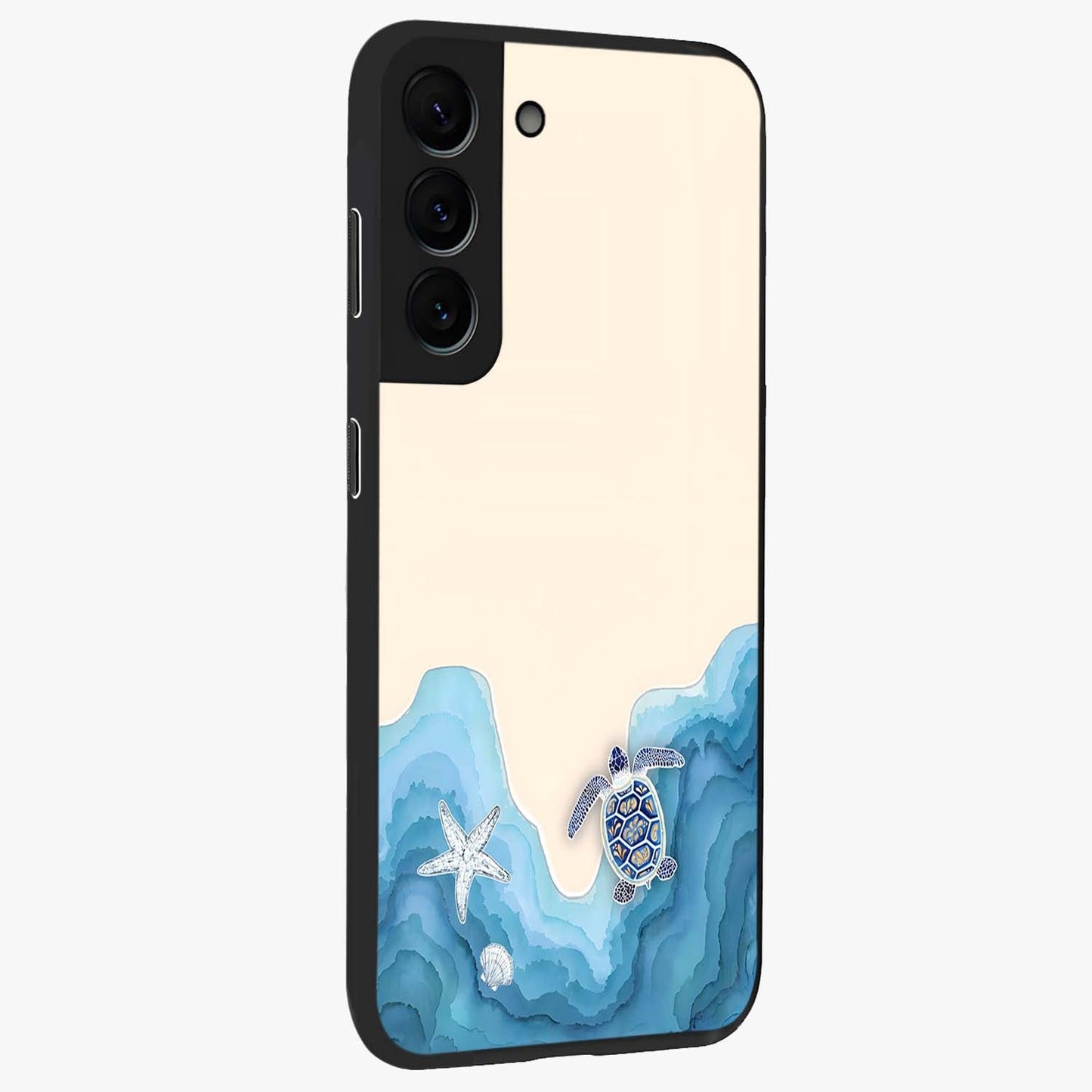 Ocean Drift Turtle Glass Case upright view showcasing calm underwater turtle artwork with nature inspired theme.