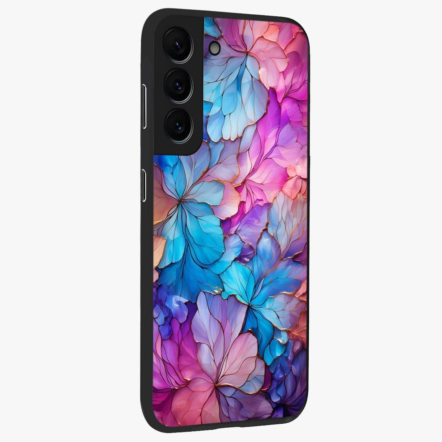 Radiant Floral Whirl Glass Case upright view showcasing lively floral artwork with decorative swirl theme.