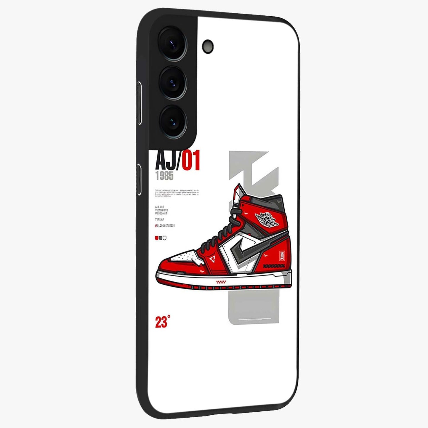 Retro Sneaker Blueprint Glass Case upright view showcasing stylish sneaker illustration with vintage streetwear theme.