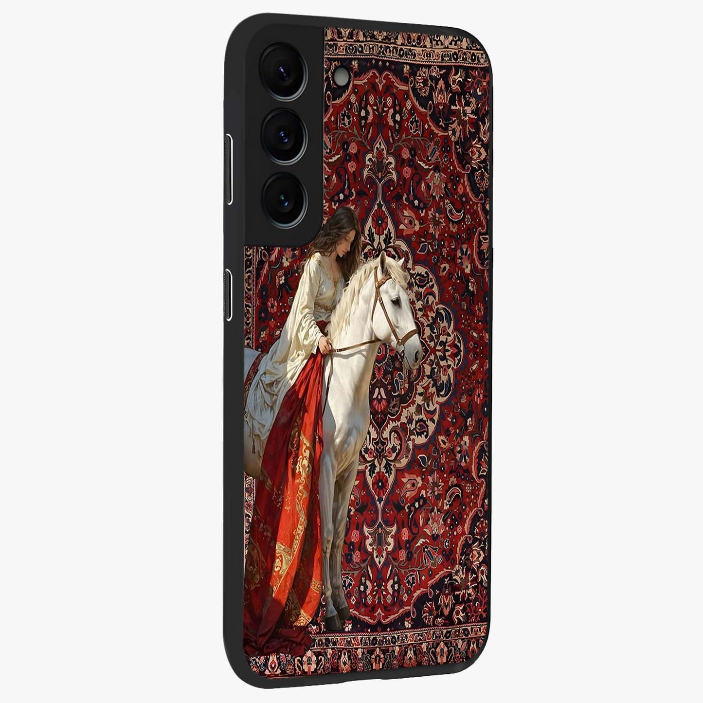 Royal Rider Tapestry Glass Case upright view showcasing detailed rider artwork with classic tapestry theme.