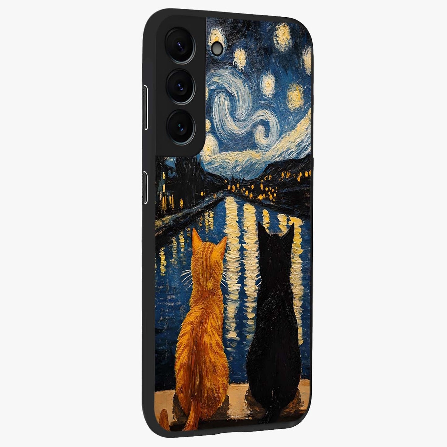 Starry River Cats Glass Case upright view showcasing adorable cat artwork with magical river and stars theme.