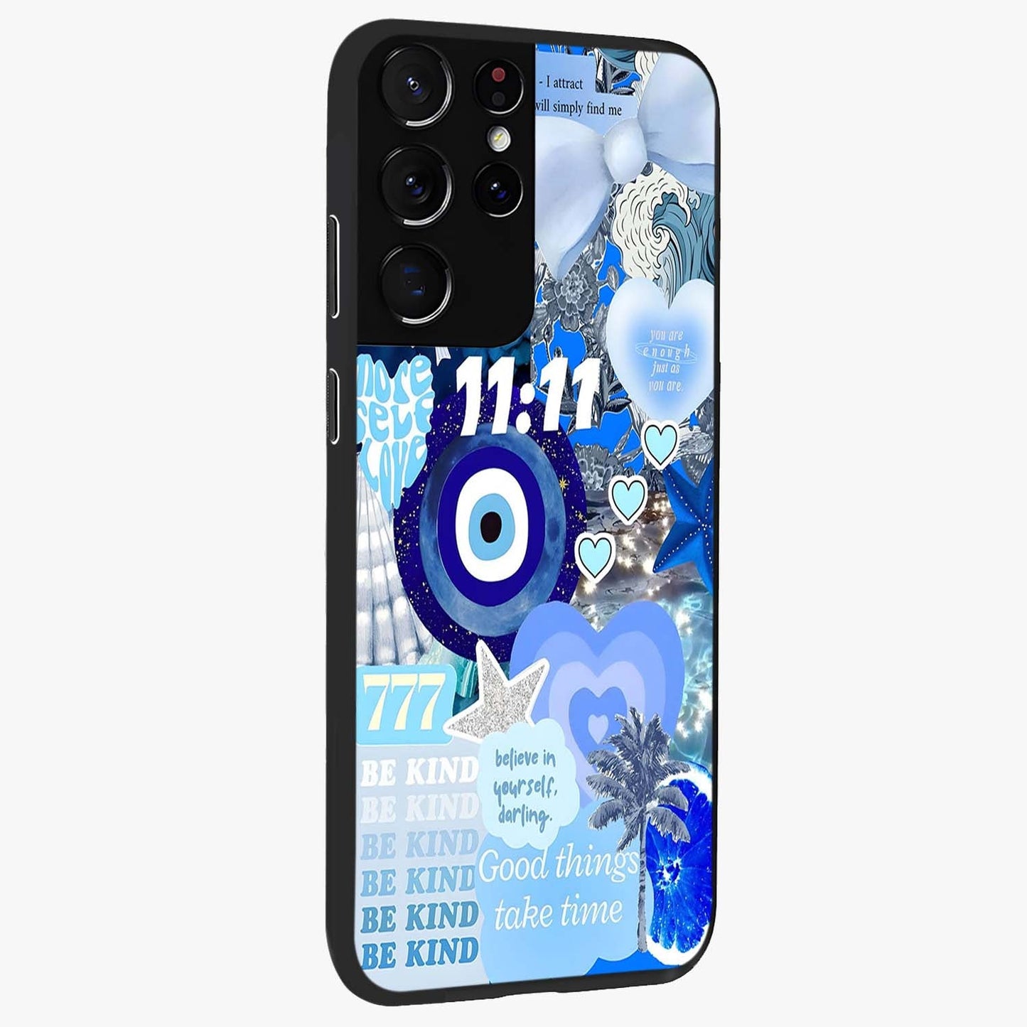 Aesthetic Be Kind Eye Glass Case upright view showcasing stylish eye illustration with positive message theme.