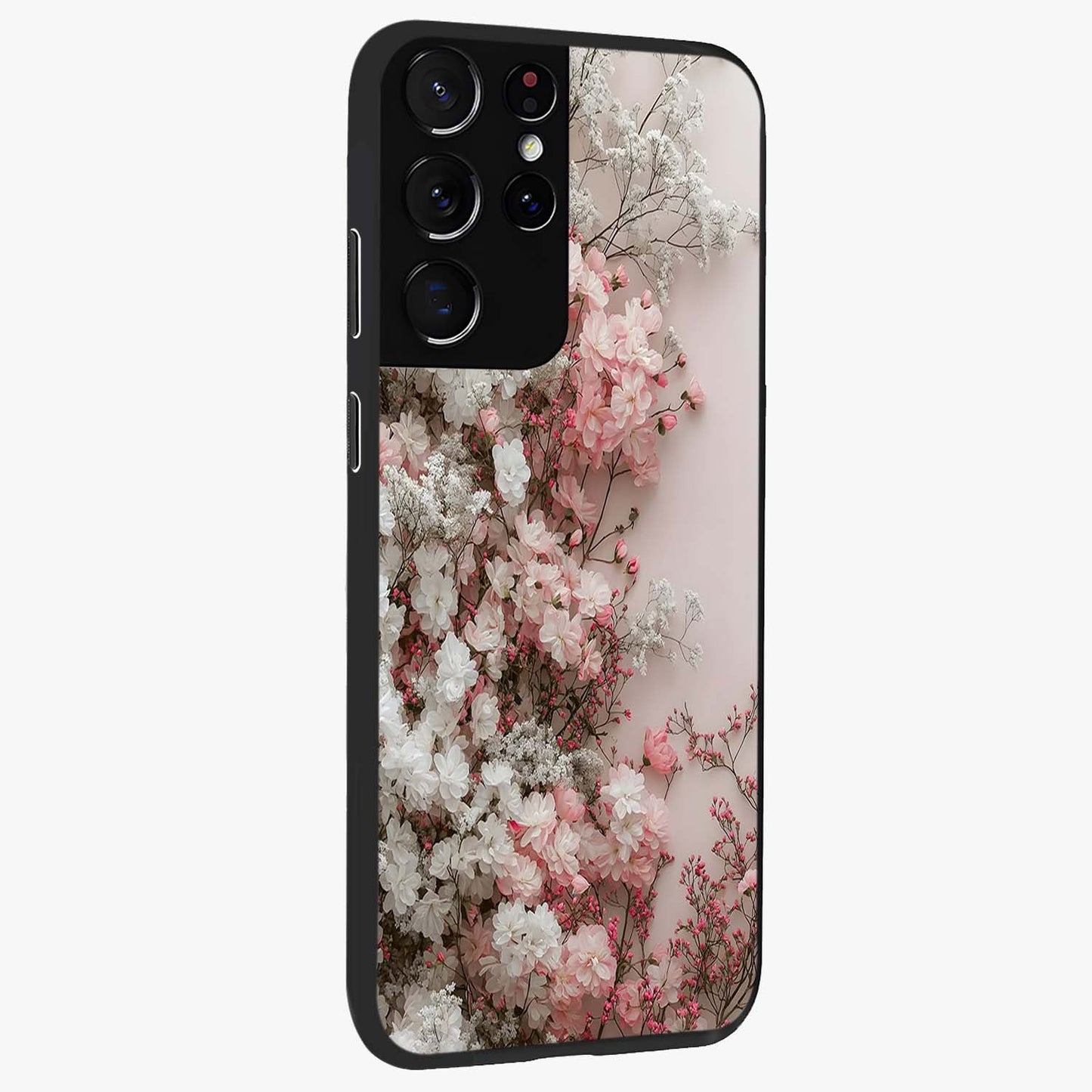 Blush Blossom Cloud Glass Case upright view showcasing calm floral cloud artwork with gentle dreamy theme.