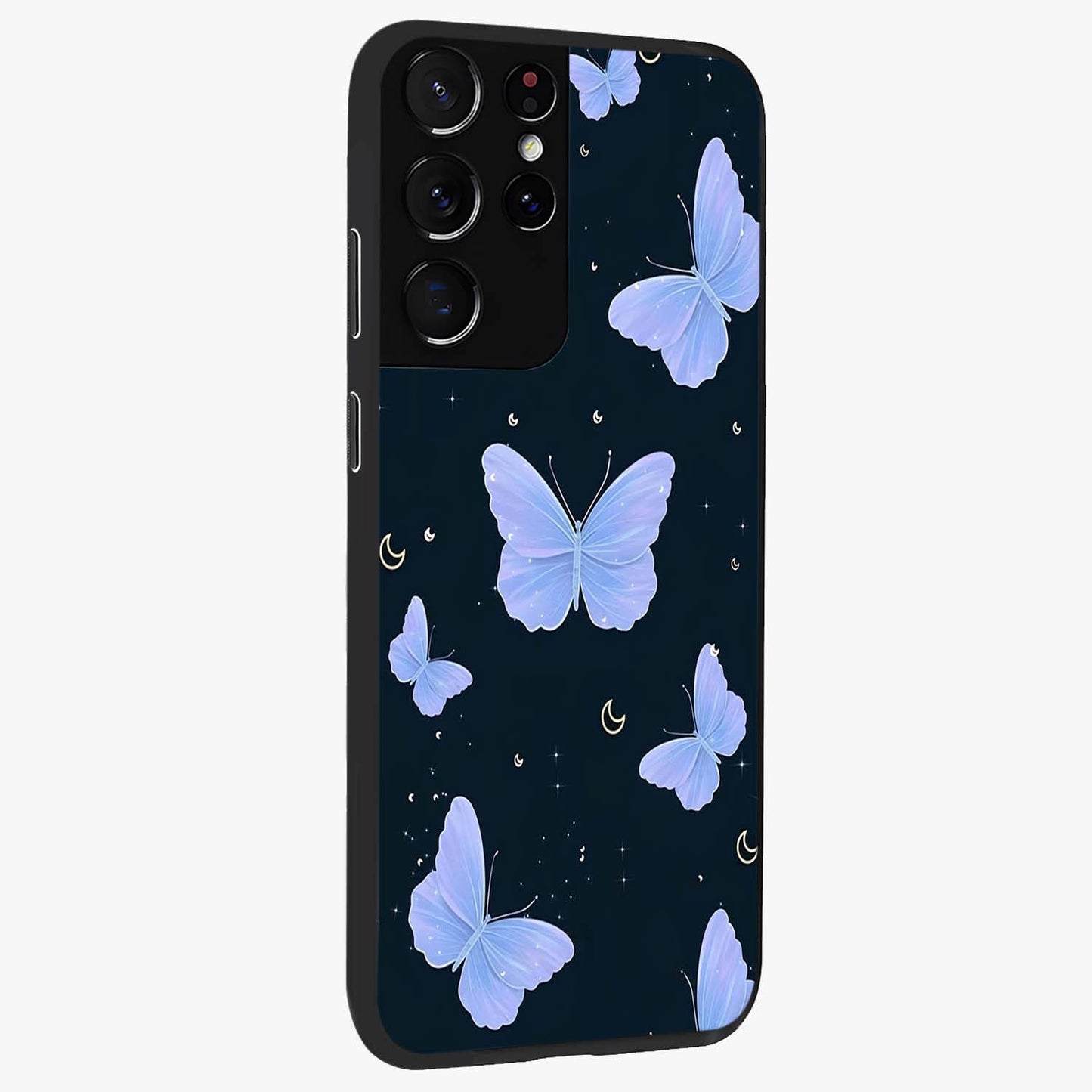 Butterfly With Stars Pattern Glass Case upright view showcasing celestial butterfly artwork with sparkling star elements.