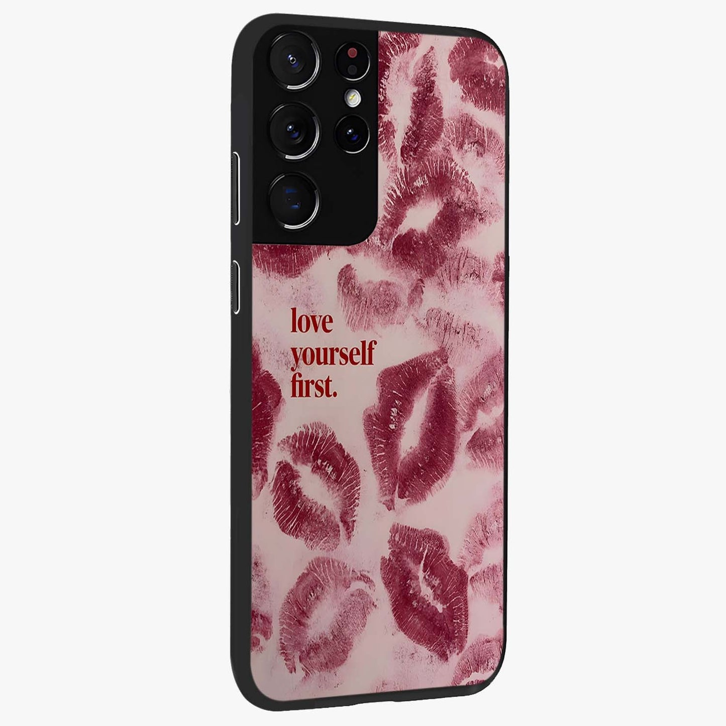 Crimson Kiss Love Glass Case upright view showcasing expressive romantic artwork with deep crimson theme.