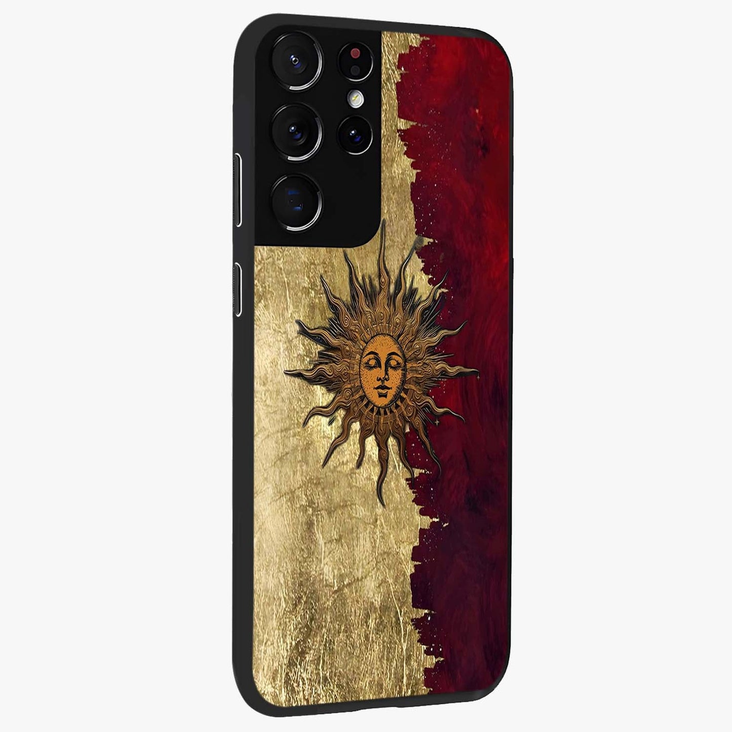 Crimson Sun Majesty Glass Case upright view showcasing vibrant sun artwork with powerful celestial theme.