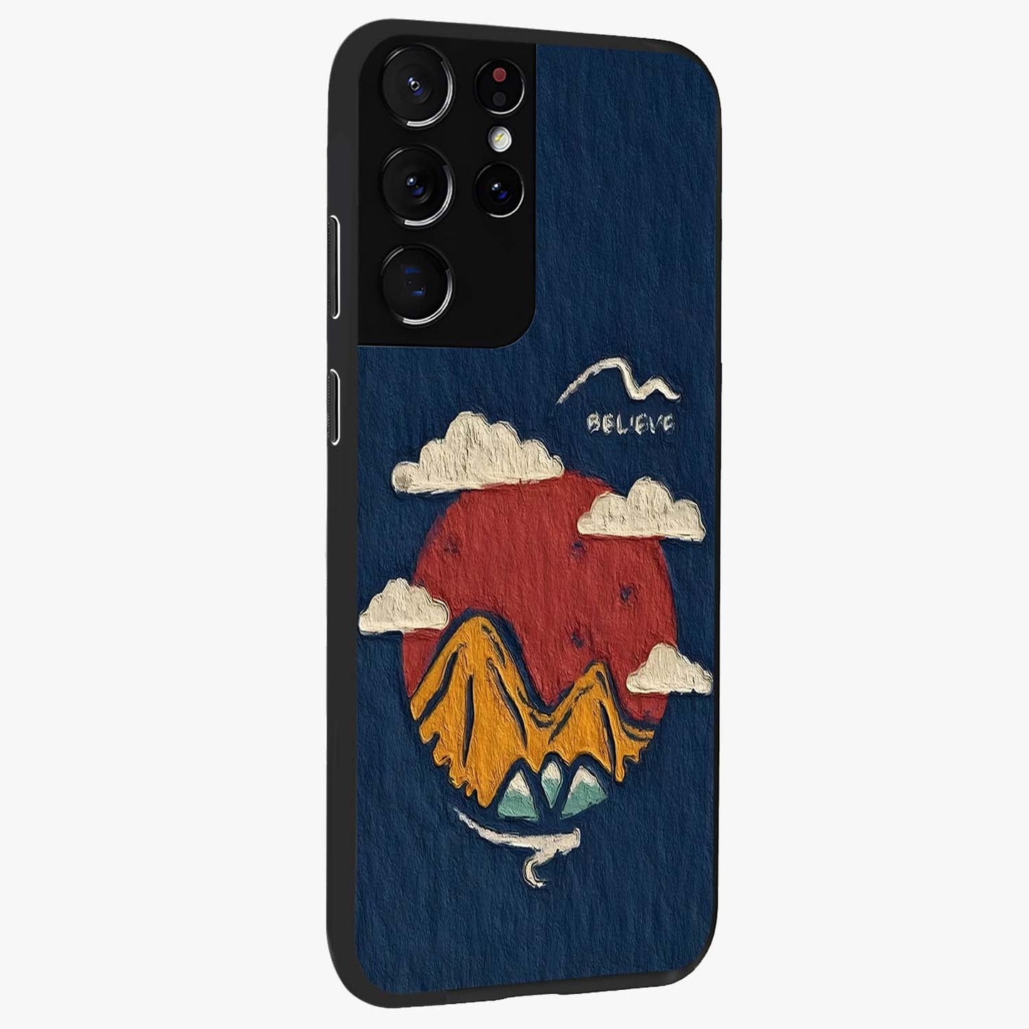 Dream Beyond Mountains Glass Case upright view showcasing beautiful mountain scenery with inspirational nature theme.