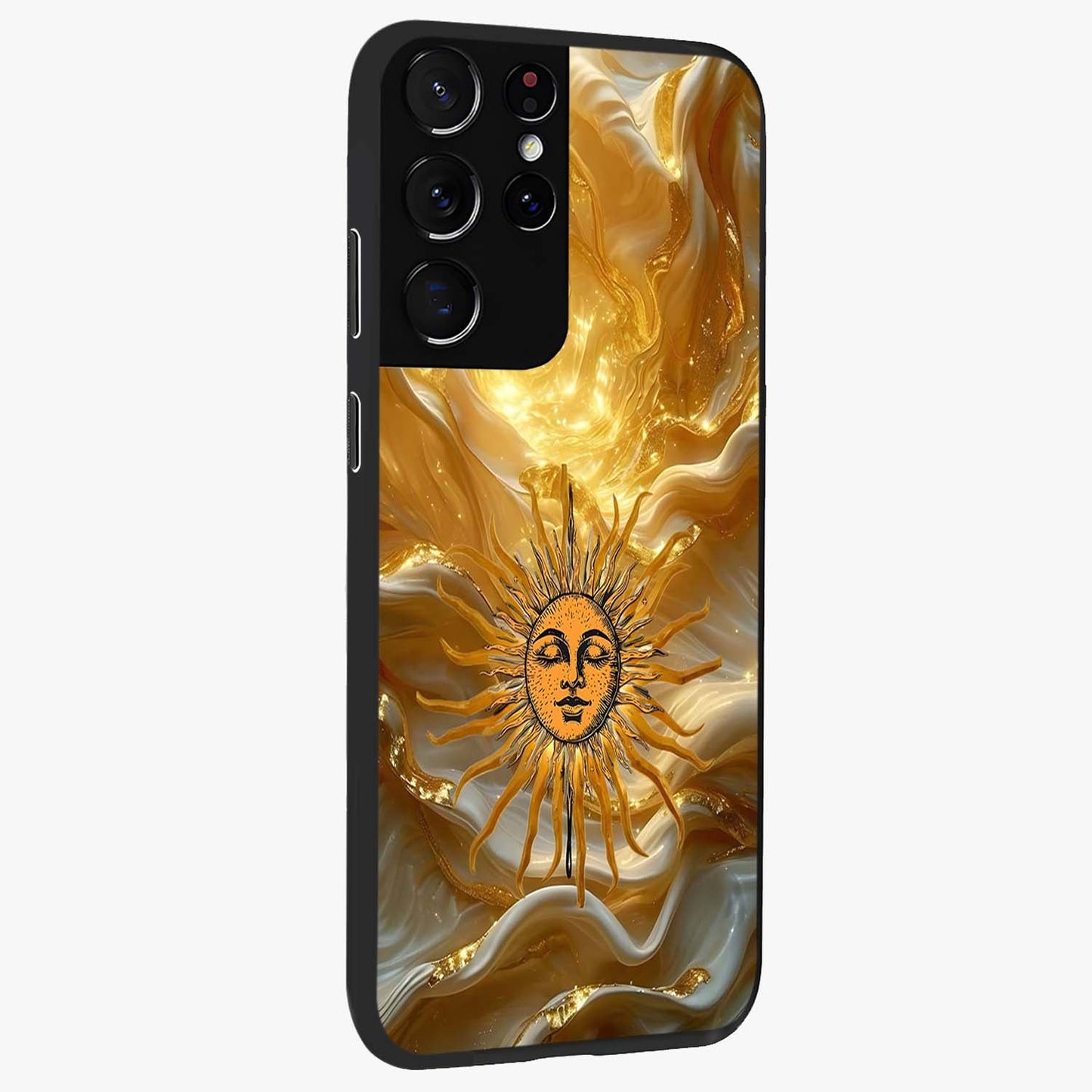Eternal Golden Glow Glass Case upright view showcasing luminous golden artwork with luxurious visual theme.