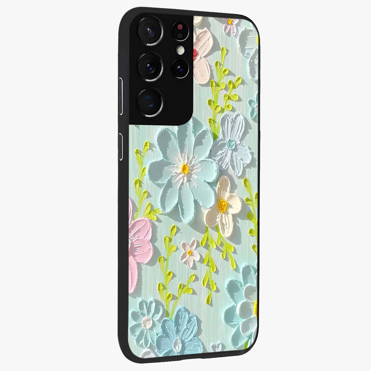 Frosted Petal Garden Glass Case upright view showcasing elegant floral garden artwork with soothing pastel theme.