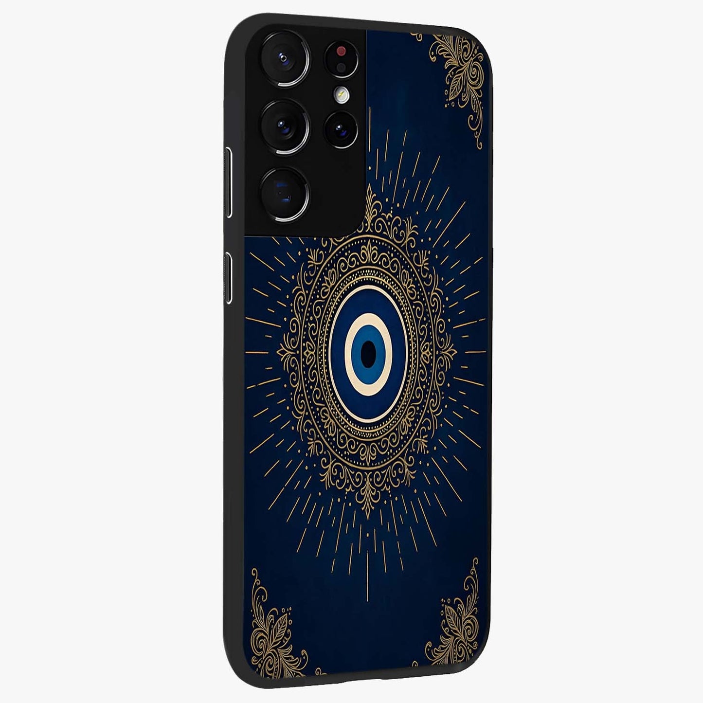 Golden Celestial Charm Glass Case upright view showcasing radiant celestial artwork with elegant golden theme.