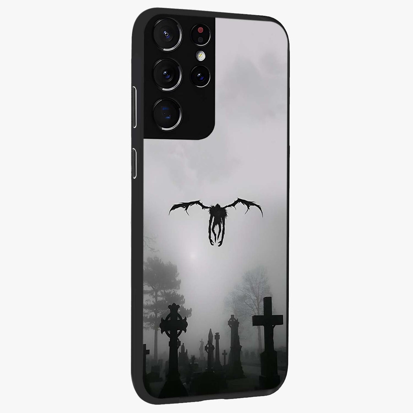 Graveyard Shadow Descent Glass Case upright view showcasing haunting graveyard artwork with dramatic dark theme.