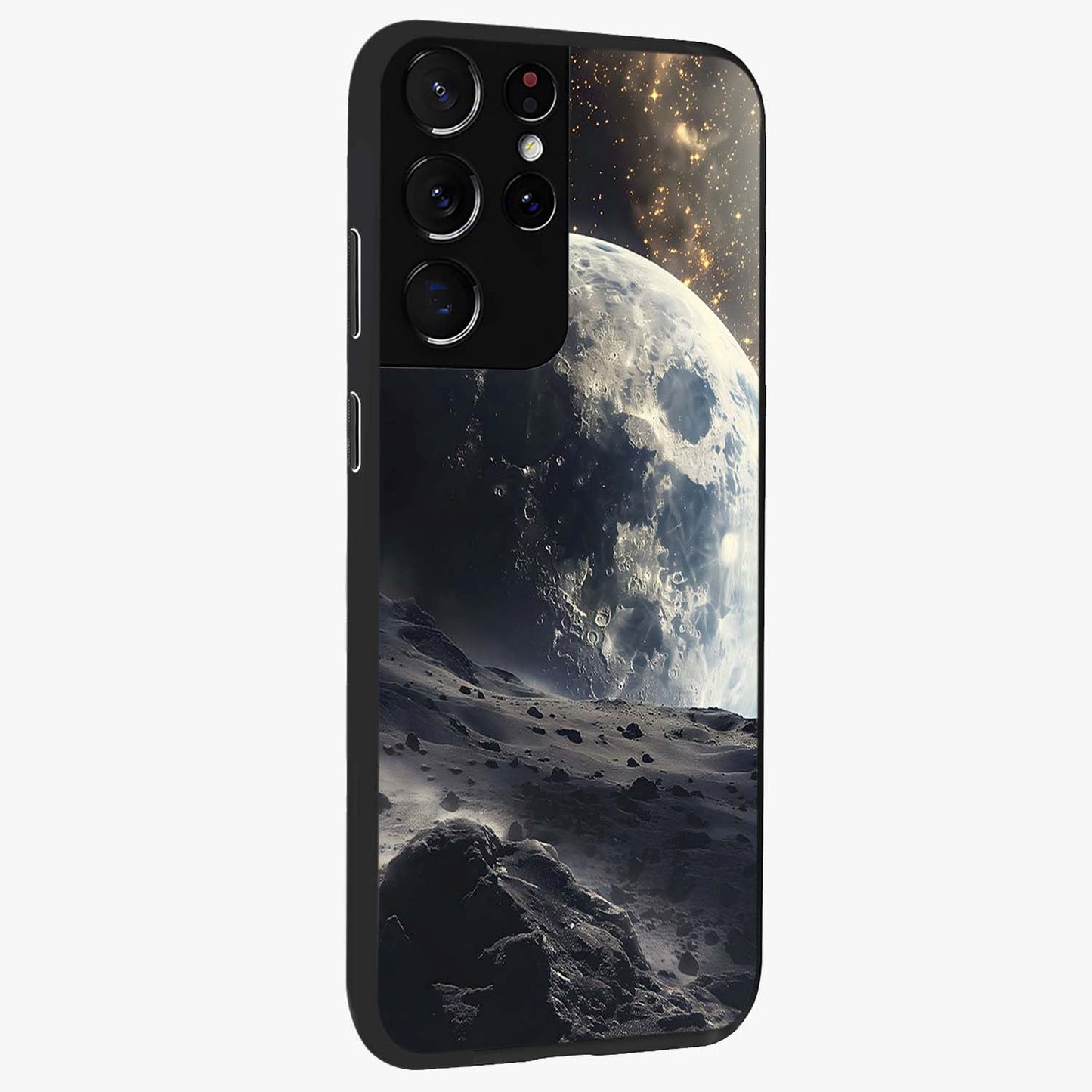 Lunar Horizon Glow Glass Case upright view showcasing radiant lunar artwork with calm cosmic theme.