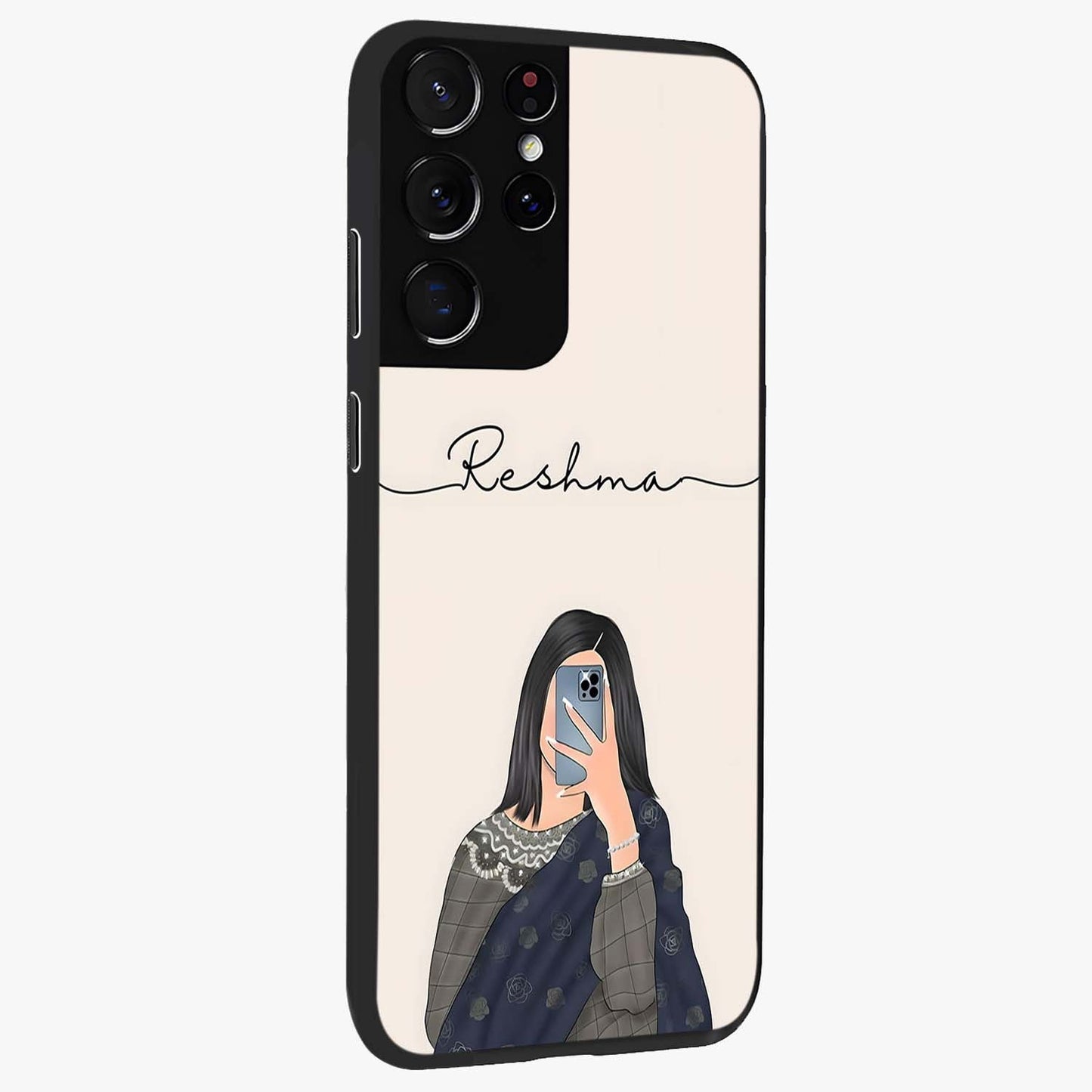 Mirror Mood Muse With Custom Name Glass Case upright view showcasing artistic mirror themed artwork with personalized aesthetic.