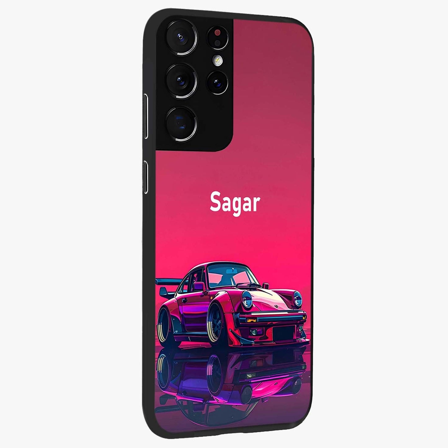 Neon Pink Porsche Glass Case upright view showcasing vibrant sports car artwork with bold automotive theme.