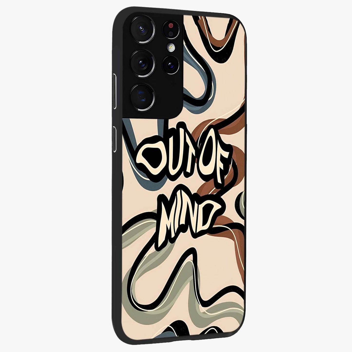 Out Of Mind Glass Case upright view showcasing striking typography artwork with edgy conceptual theme.
