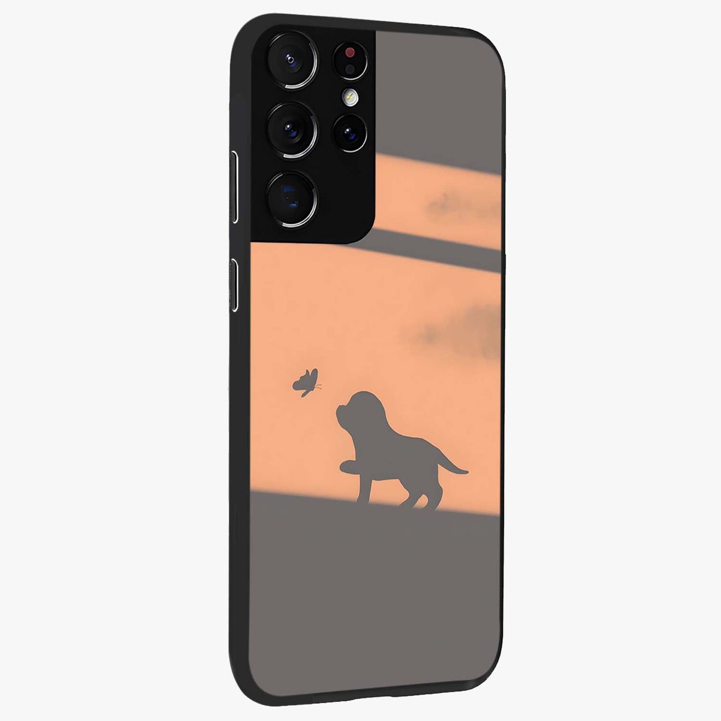 Puppy Shadow Art Glass Case upright view showcasing charming puppy artwork with creative silhouette theme.