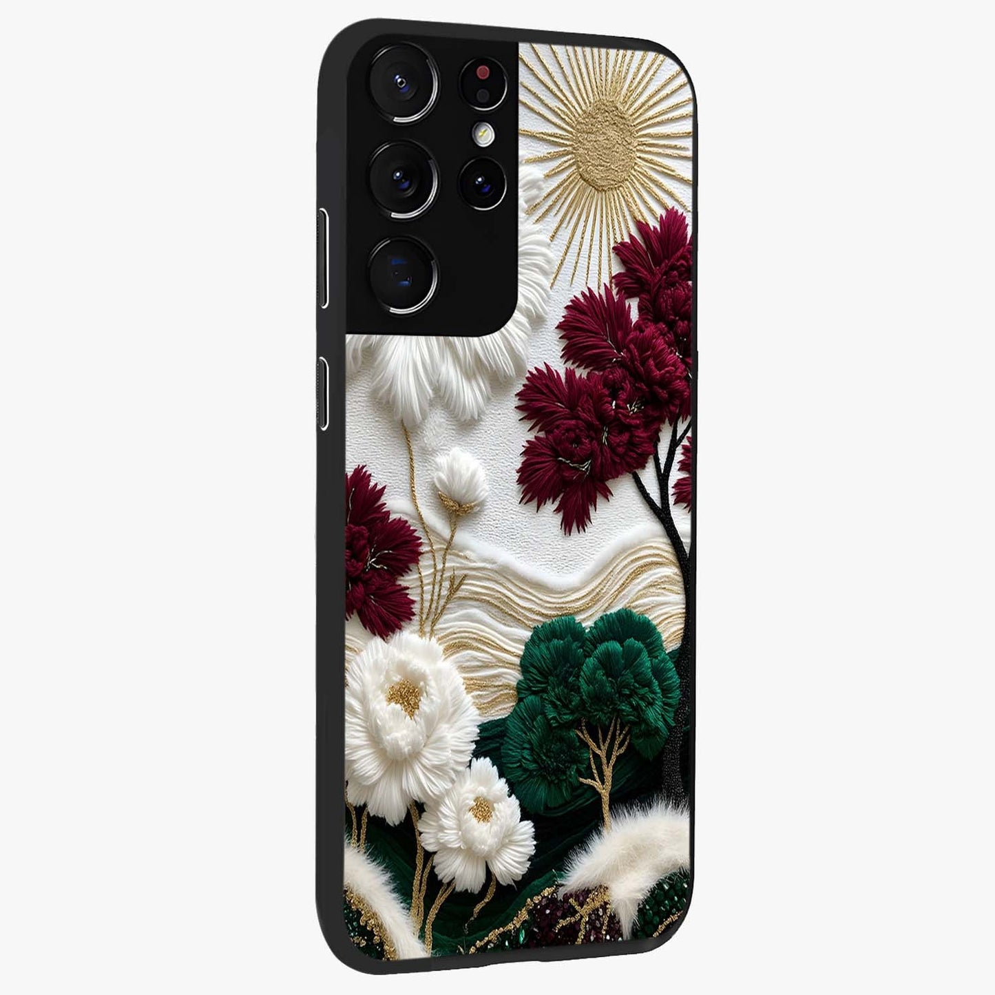 Radiant Bloom Elegance Glass Case upright view showcasing decorative flower artwork with refined botanical theme.